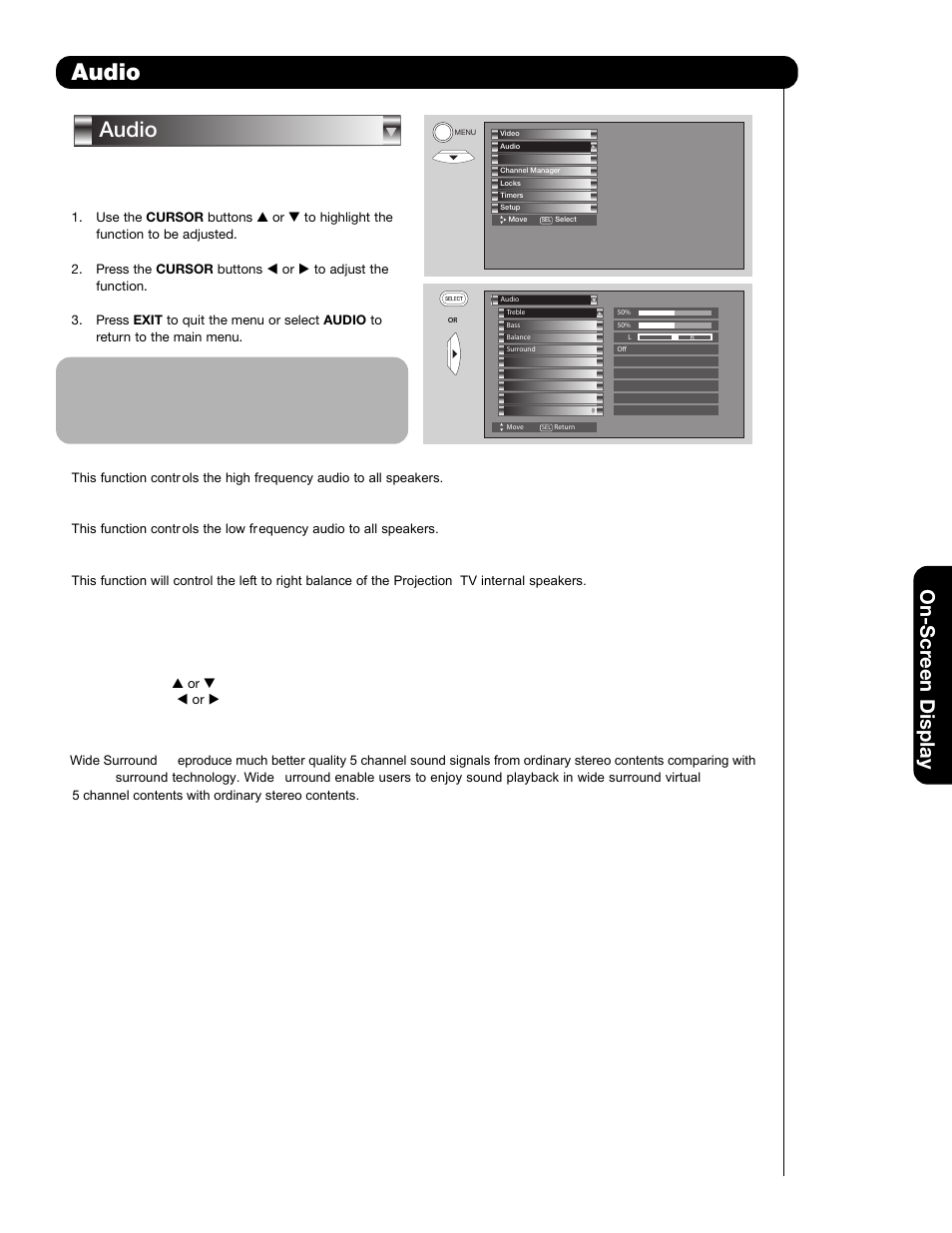 Audio, On-scr een display | Hitachi 51F59 User Manual | Page 37 / 75