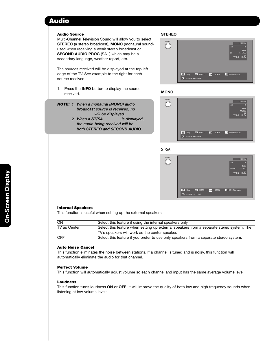 Audio, On-scr een display | Hitachi 51F59 User Manual | Page 38 / 75