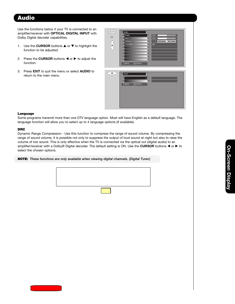 Audio, On-scr een display | Hitachi 51F59 User Manual | Page 39 / 75