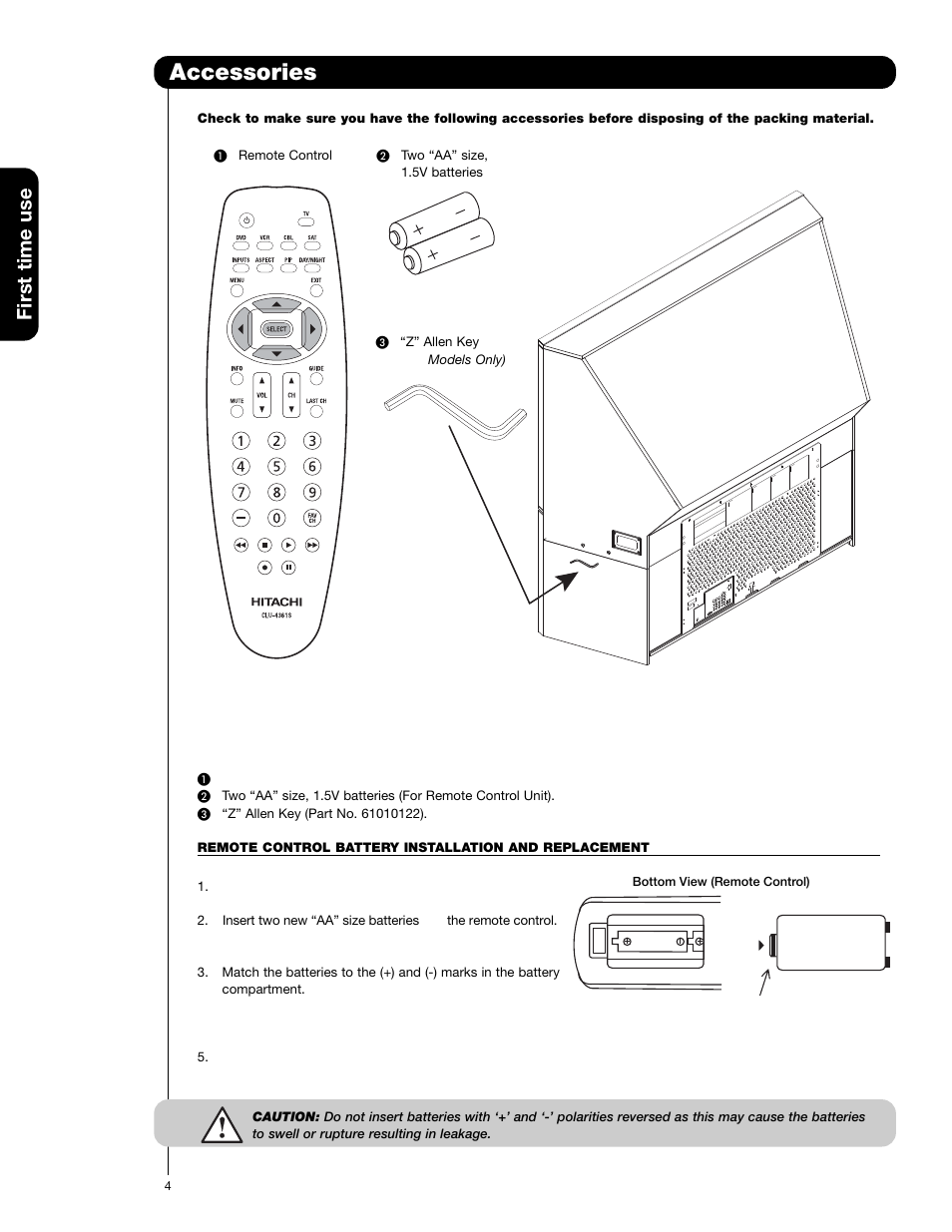 Accessories, First time use | Hitachi 51F59 User Manual | Page 4 / 75