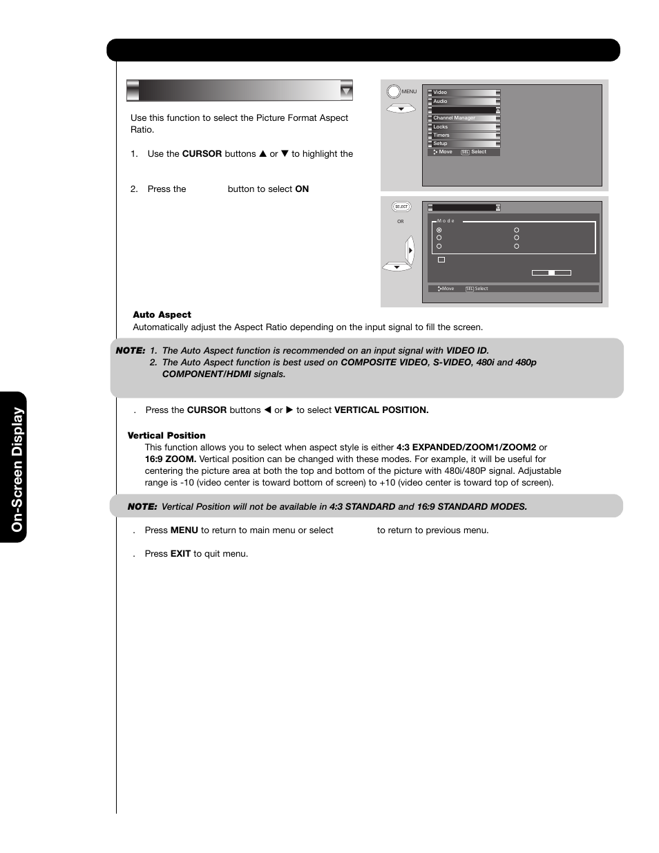 Aspect, On-scr een display | Hitachi 51F59 User Manual | Page 40 / 75