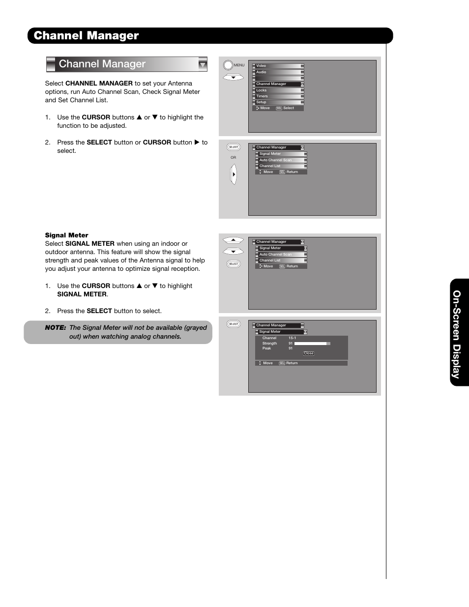 Channel manager, On-scr een display | Hitachi 51F59 User Manual | Page 41 / 75