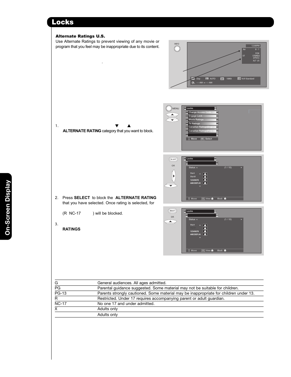 Locks, On-scr een display, Alternate ratings (example only) | Y adults only | Hitachi 51F59 User Manual | Page 48 / 75