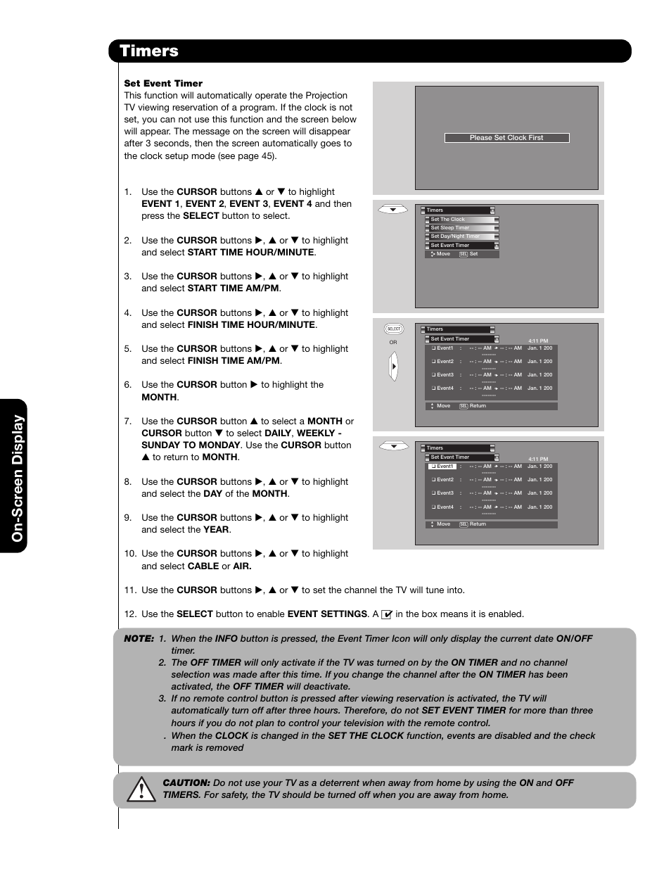 Timers, On-scr een display | Hitachi 51F59 User Manual | Page 52 / 75