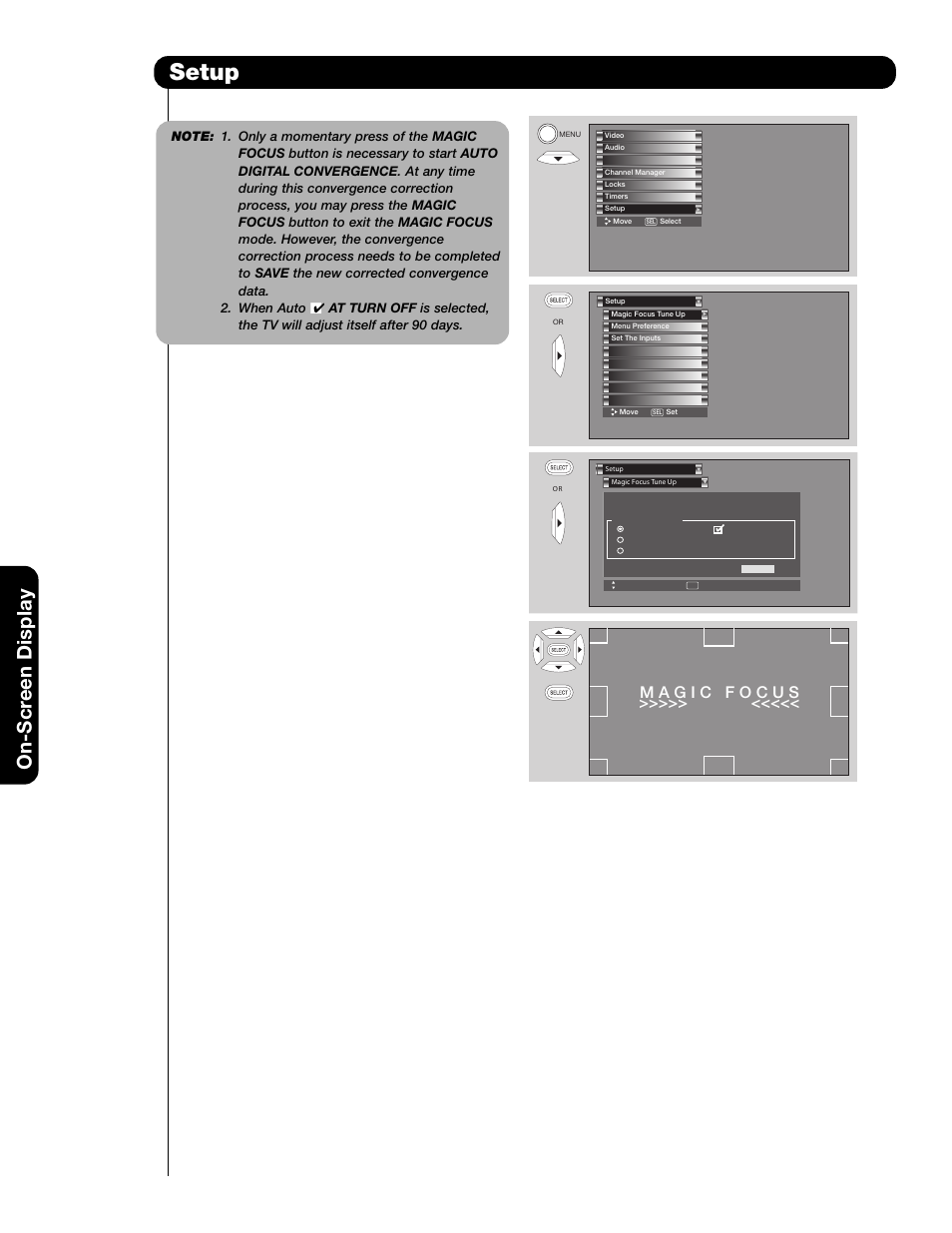 Setup, On-scr een display | Hitachi 51F59 User Manual | Page 54 / 75