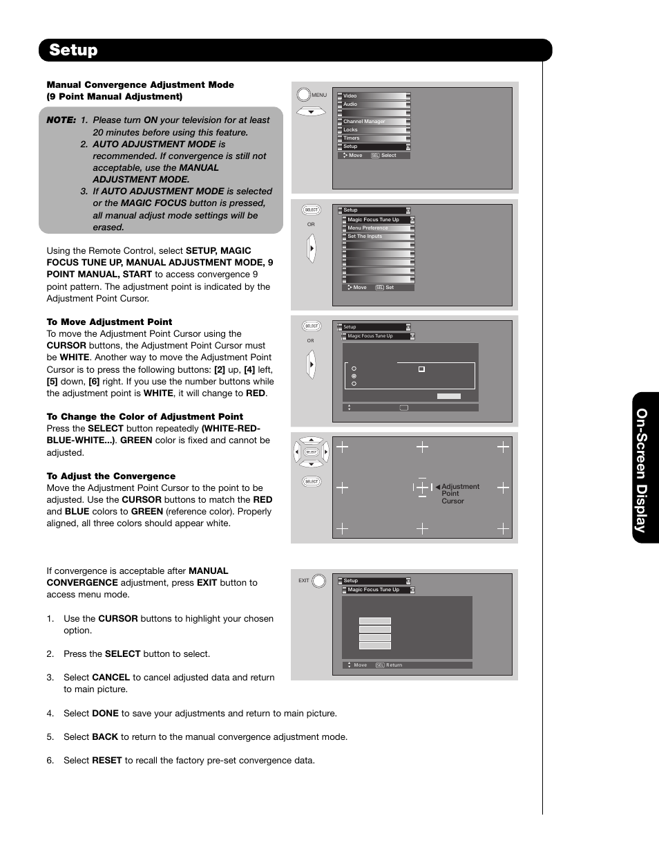 Setup, On-scr een display | Hitachi 51F59 User Manual | Page 55 / 75