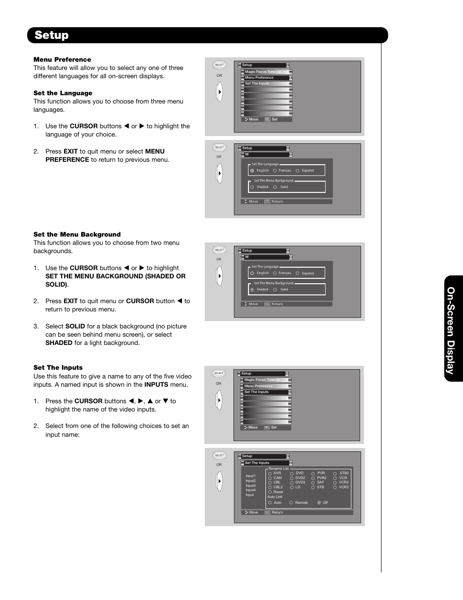 Setup, On-scr een display | Hitachi 51F59 User Manual | Page 57 / 75