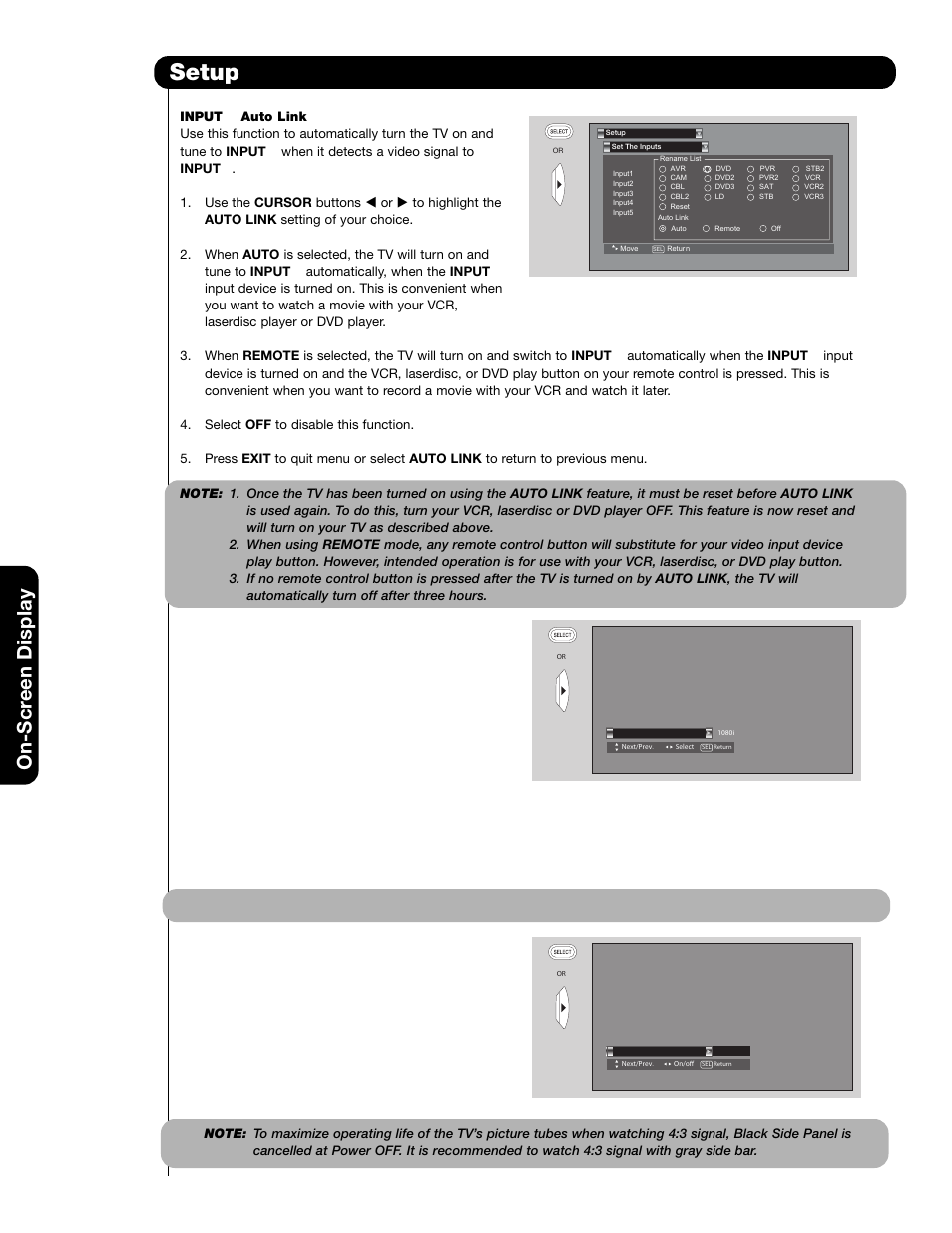 Setup, On-scr een display | Hitachi 51F59 User Manual | Page 58 / 75