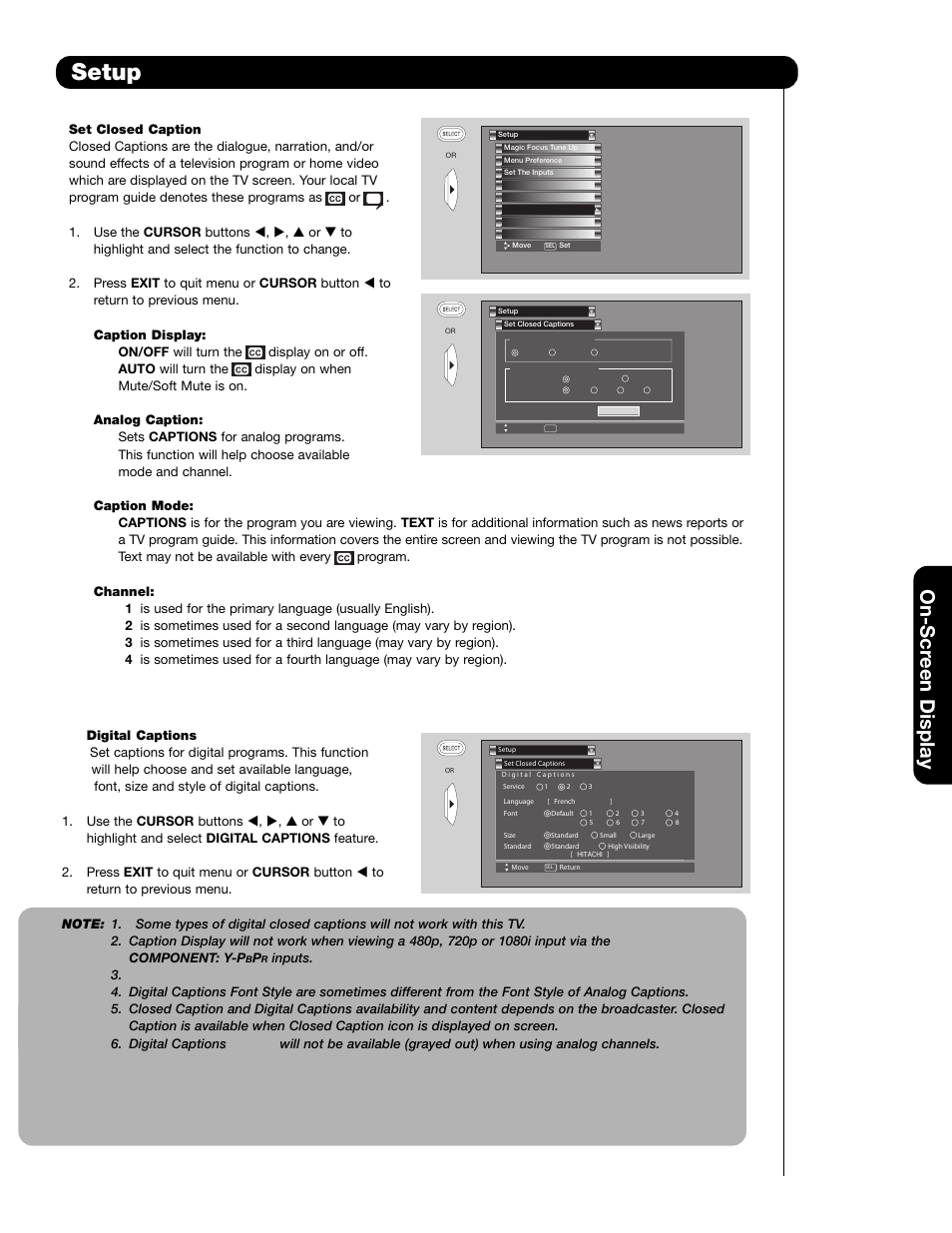 Setup, On-scr een display | Hitachi 51F59 User Manual | Page 59 / 75