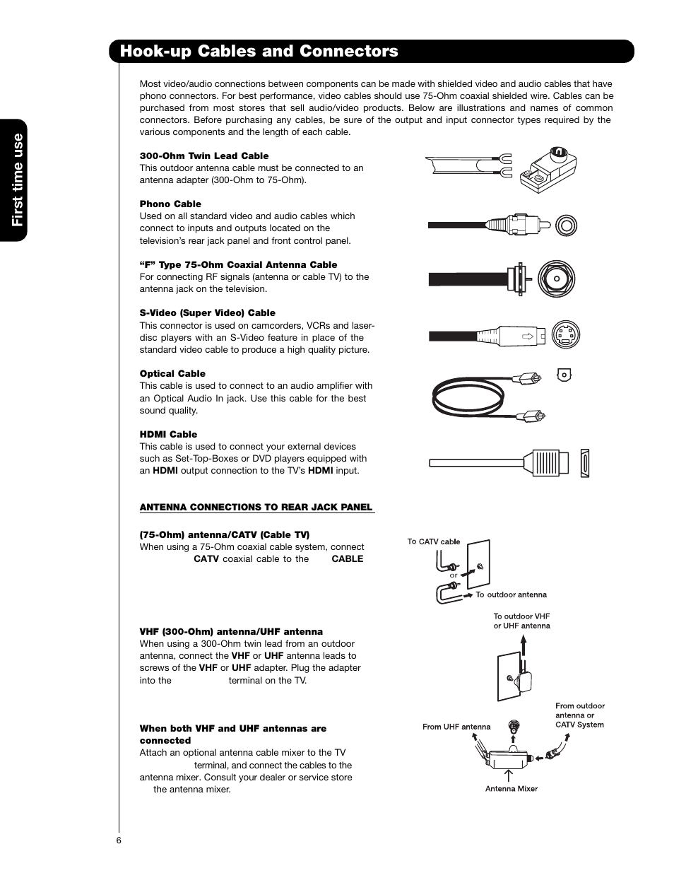 Hook-up cables and connectors, First time use | Hitachi 51F59 User Manual | Page 6 / 75