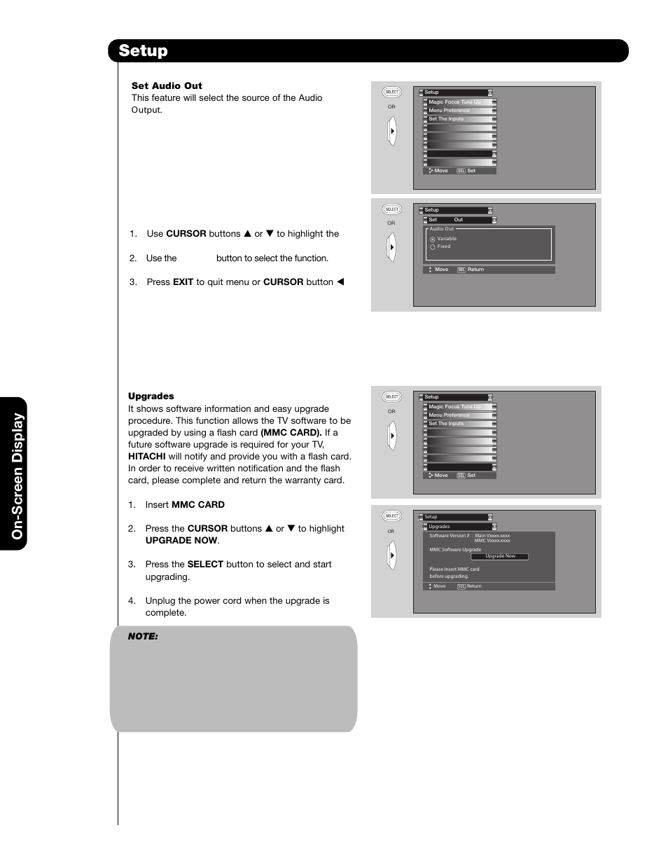 Setup, On-scr een display | Hitachi 51F59 User Manual | Page 60 / 75