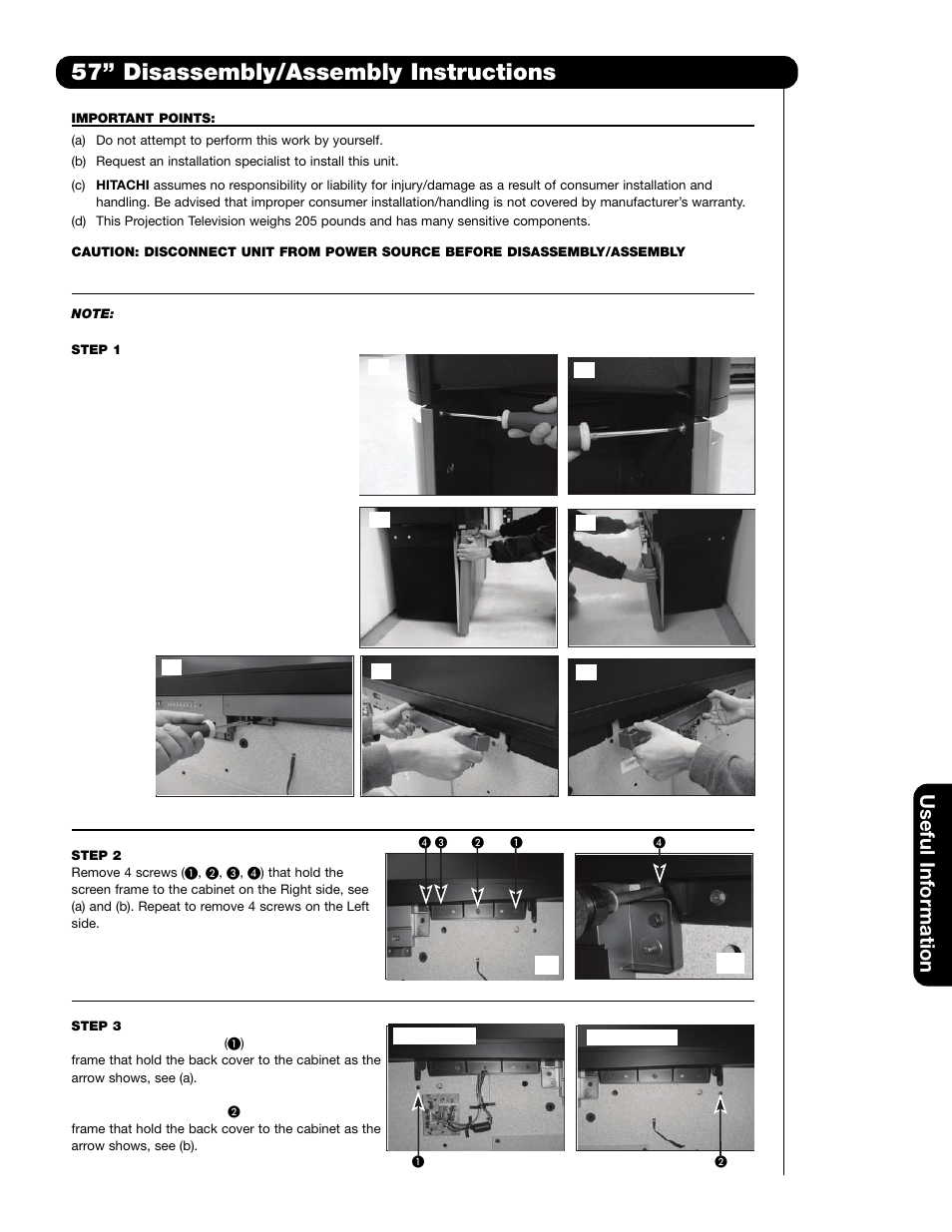 57” disassembly/assembly instructions, Useful information, A) (b) | Hitachi 51F59 User Manual | Page 61 / 75