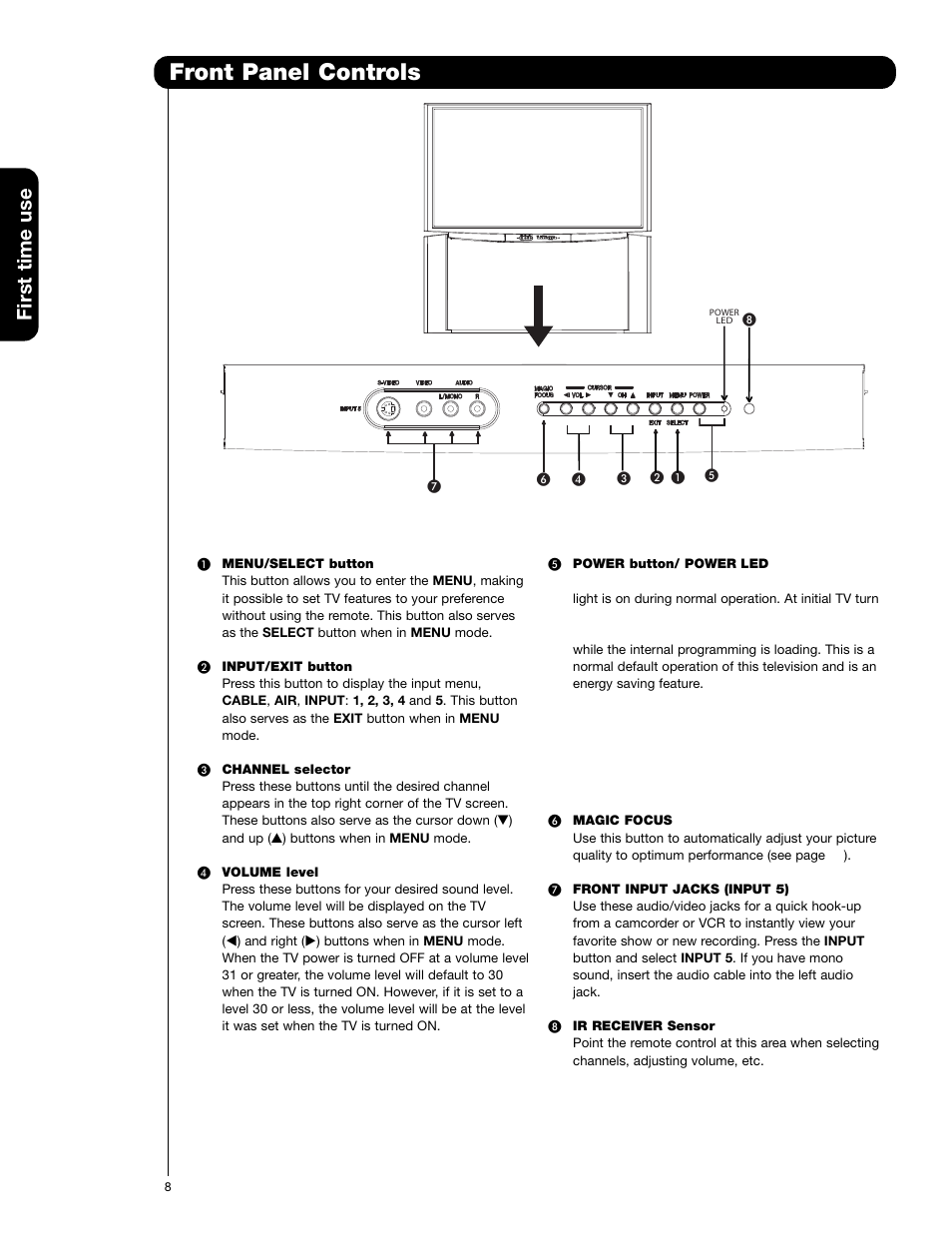 Front panel controls, First time use | Hitachi 51F59 User Manual | Page 8 / 75