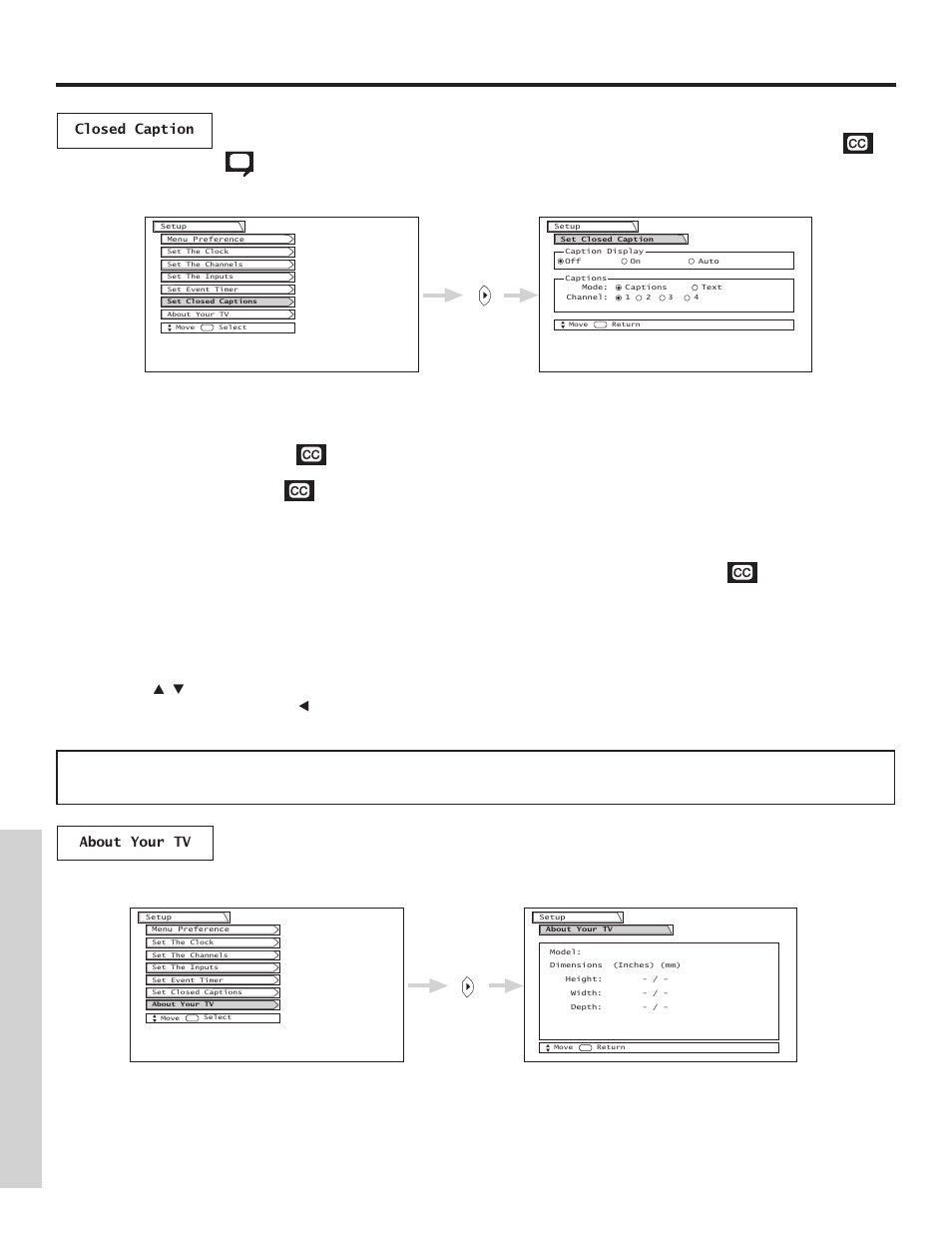 Setup, On-screen displa y, Closed caption | Hitachi 57G500A User Manual | Page 56 / 64