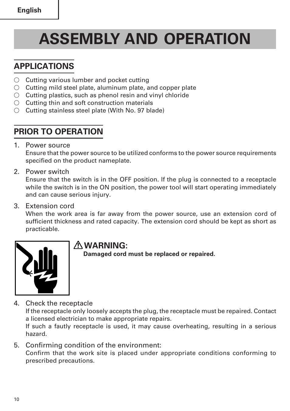 Assembly and operation, Applications, Prior to operation | Warning | Hitachi CJ120VA User Manual | Page 10 / 60