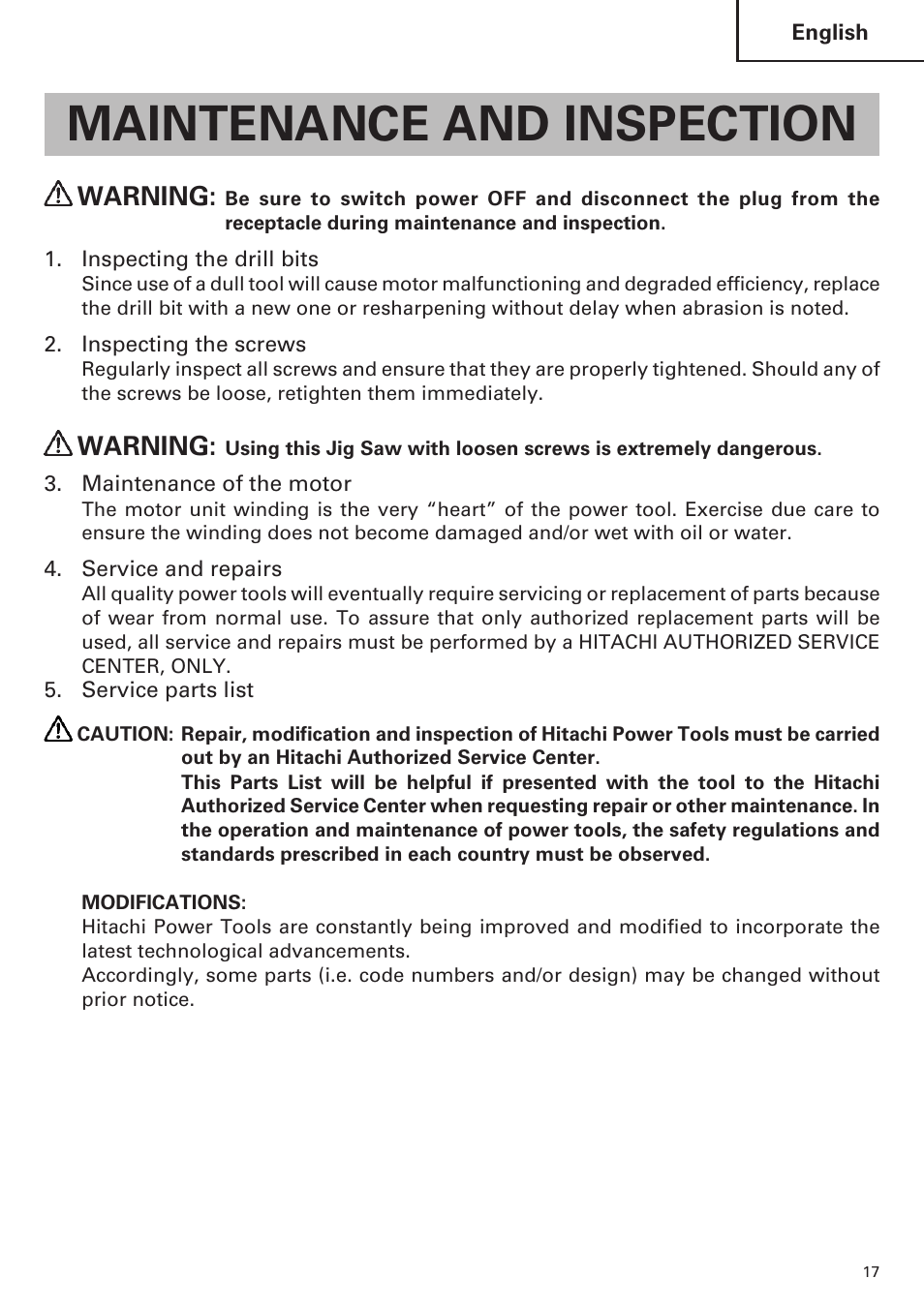 Maintenance and inspection, Warning | Hitachi CJ120VA User Manual | Page 17 / 60