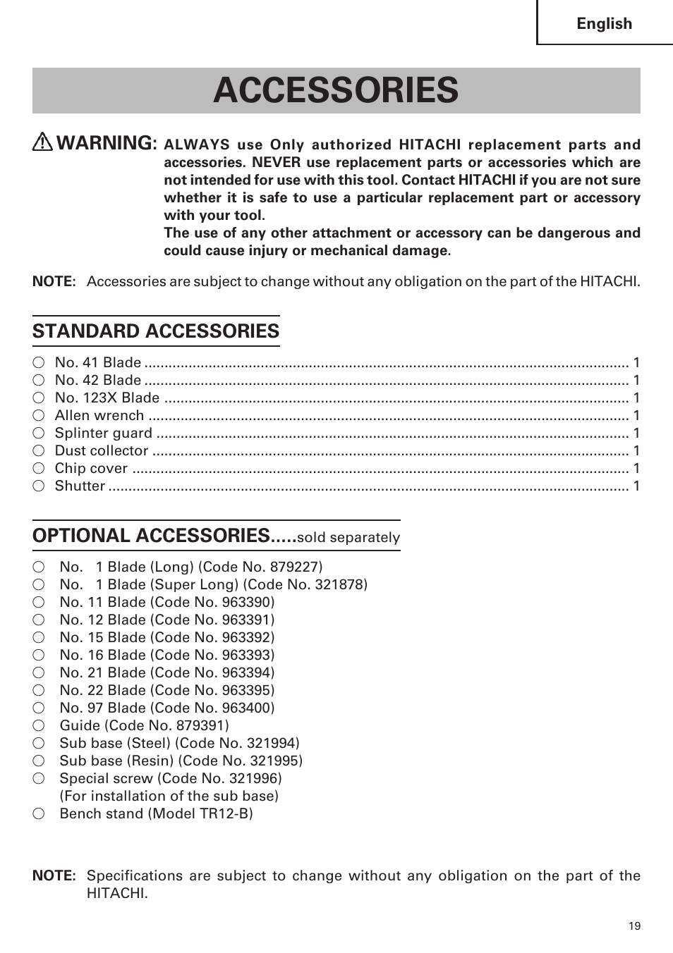 Accessories, Warning, Standard accessories | Optional accessories | Hitachi CJ120VA User Manual | Page 19 / 60