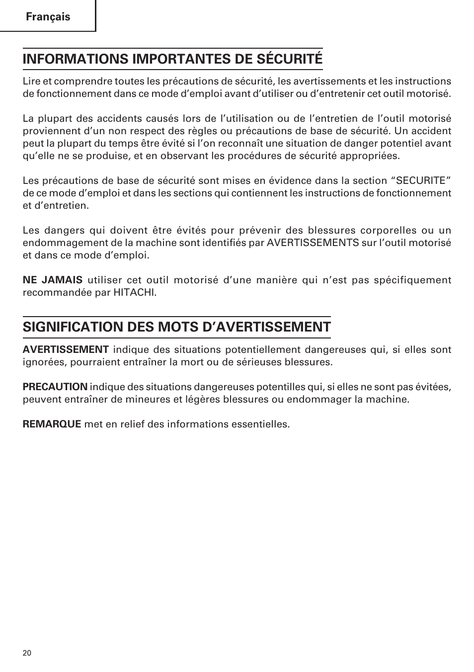 Informations importantes de sécurité, Signification des mots d’avertissement | Hitachi CJ120VA User Manual | Page 20 / 60