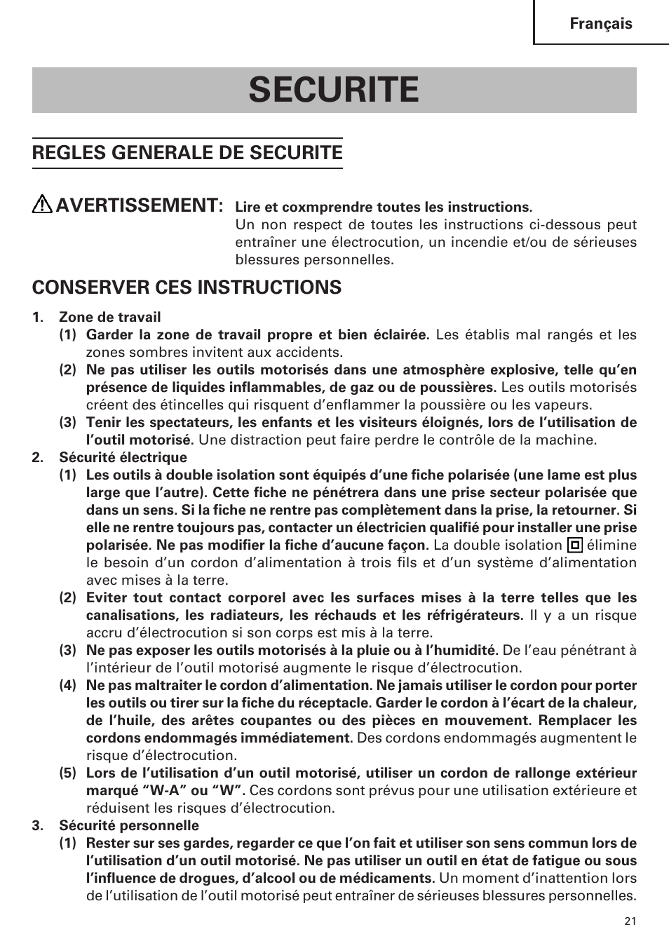 Securite, Regles generale de securite avertissement, Conserver ces instructions | Hitachi CJ120VA User Manual | Page 21 / 60