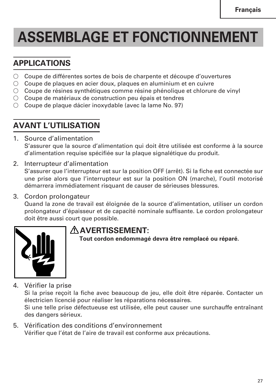 Assemblage et fonctionnement, Applications, Avant l’utilisation | Avertissement | Hitachi CJ120VA User Manual | Page 27 / 60