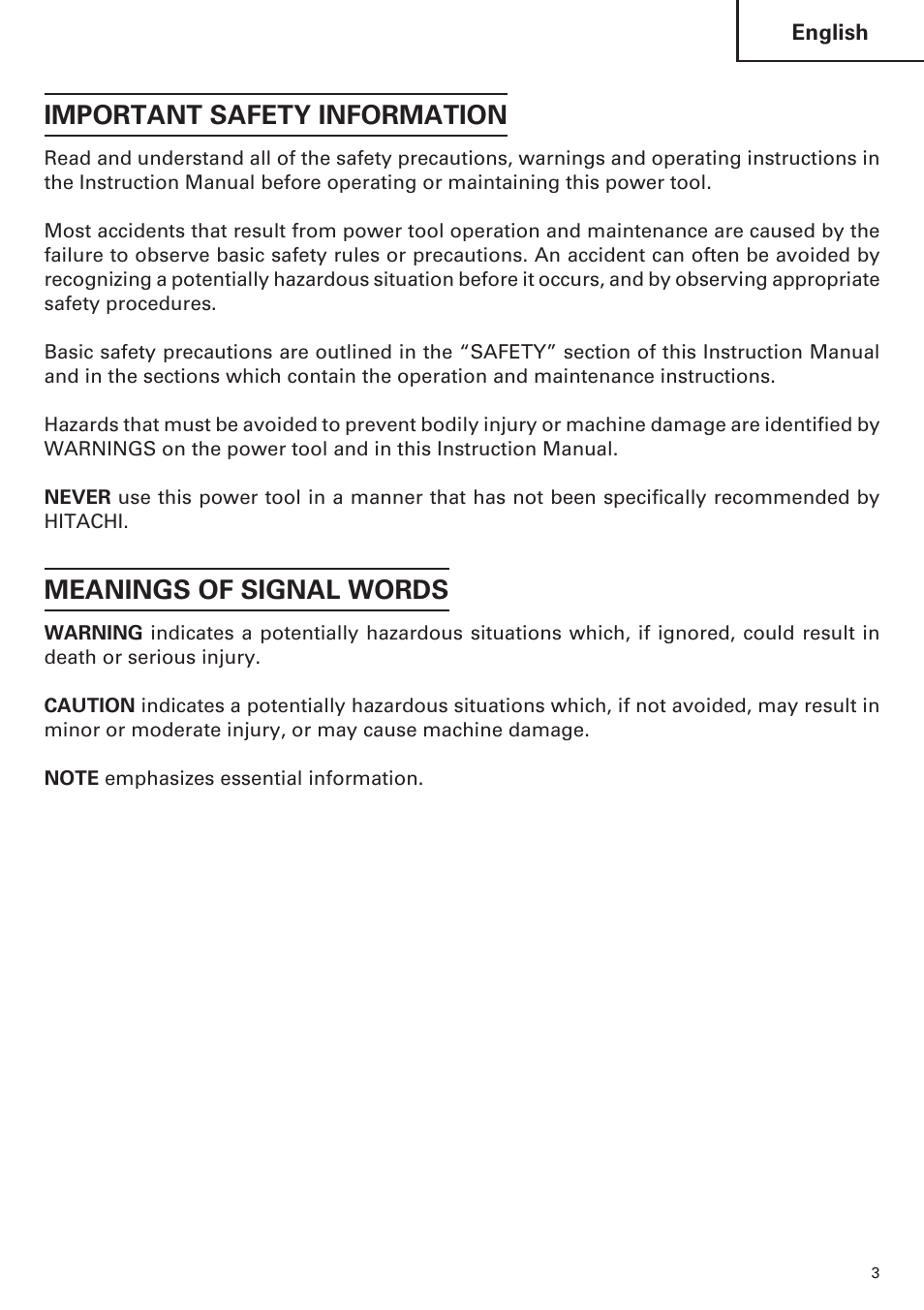 Important safety information, Meanings of signal words | Hitachi CJ120VA User Manual | Page 3 / 60