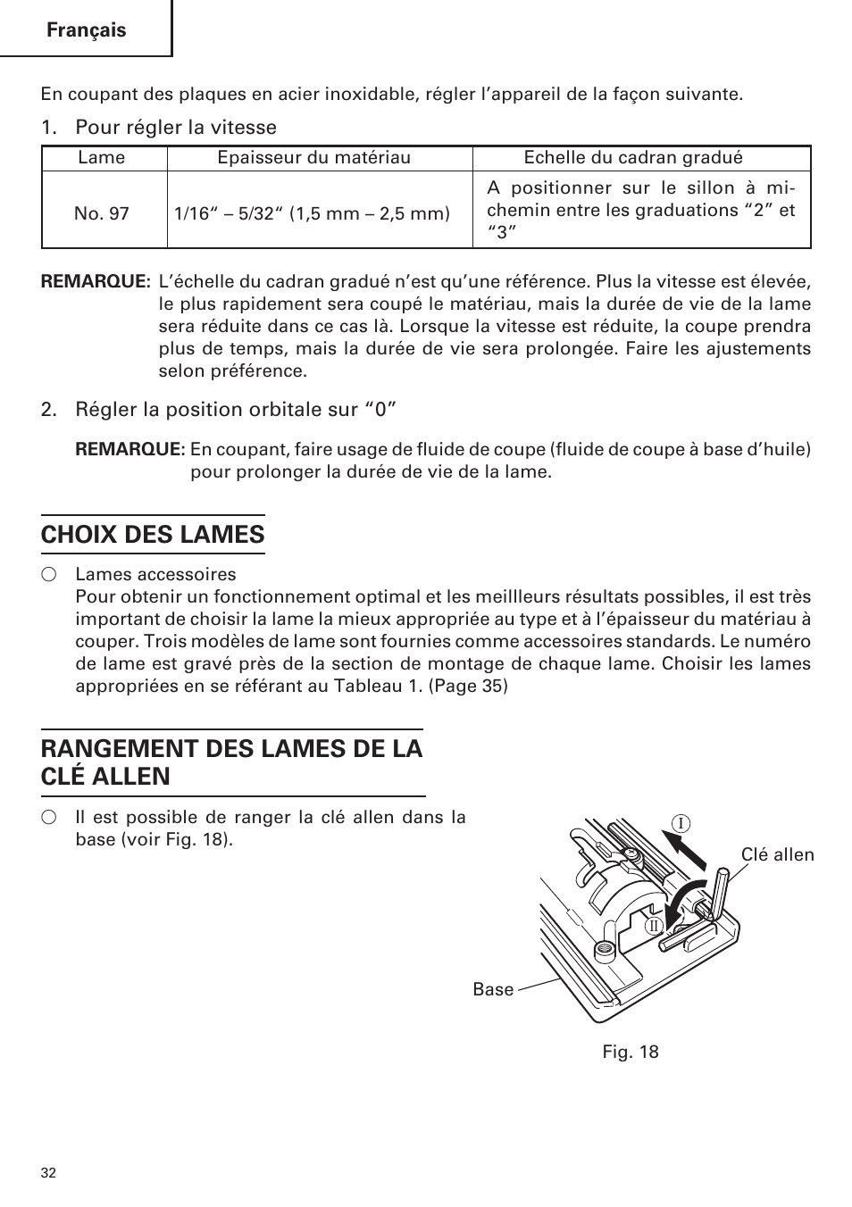 Choix des lames, Rangement des lames de la clé allen | Hitachi CJ120VA User Manual | Page 32 / 60