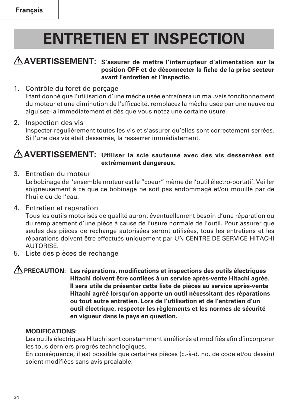 Entretien et inspection, Avertissement | Hitachi CJ120VA User Manual | Page 34 / 60