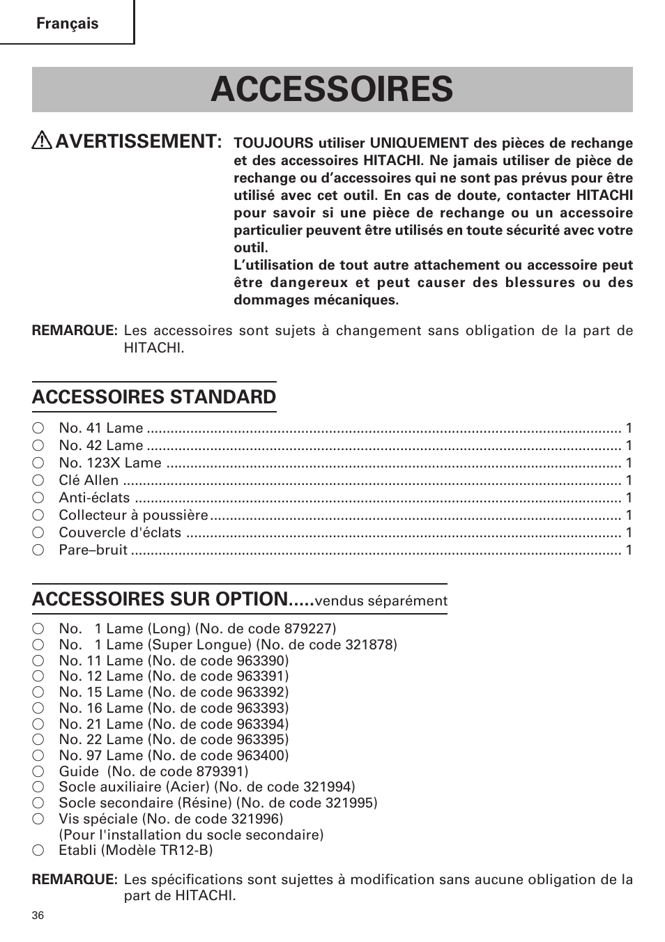 Accessoires, Avertissement, Accessoires standard | Accessoires sur option | Hitachi CJ120VA User Manual | Page 36 / 60