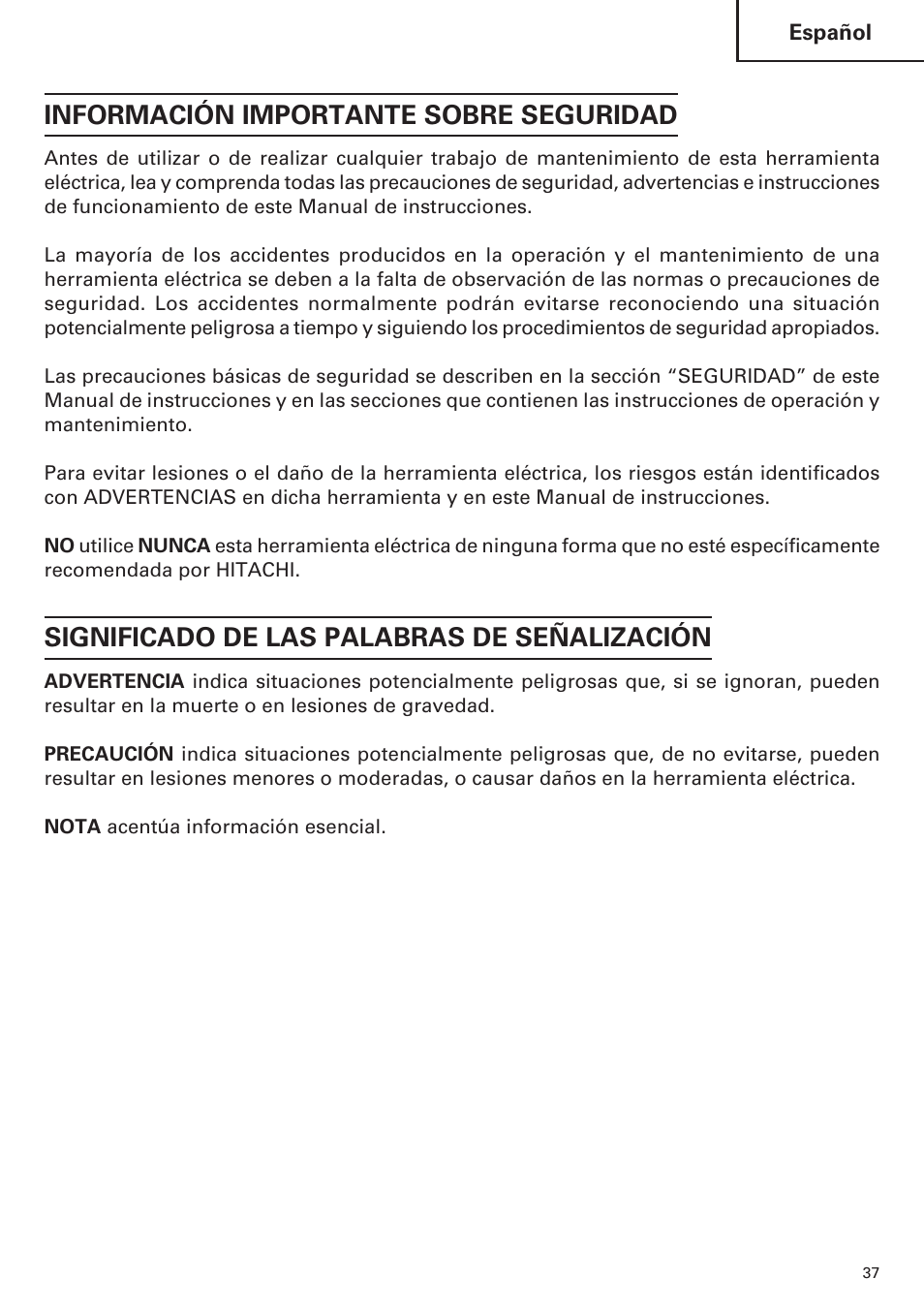 Información importante sobre seguridad, Significado de las palabras de señalización | Hitachi CJ120VA User Manual | Page 37 / 60