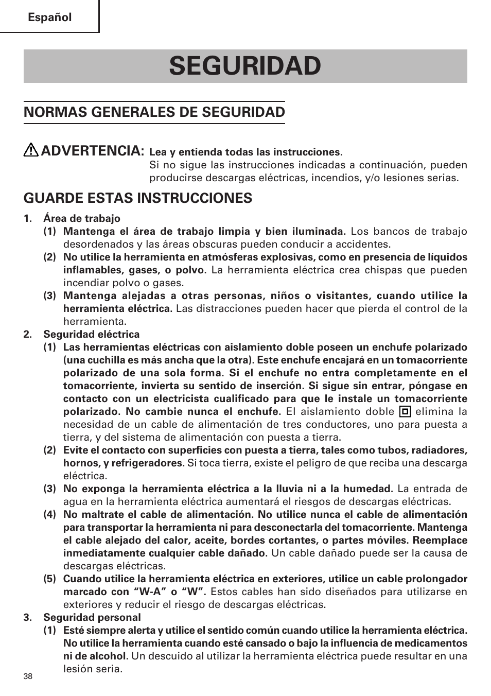 Seguridad, Normas generales de seguridad advertencia, Guarde estas instrucciones | Hitachi CJ120VA User Manual | Page 38 / 60