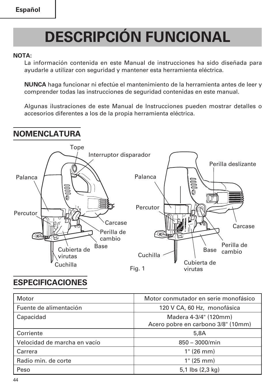 Descripción funcional, Especificaciones, Nomenclatura | Hitachi CJ120VA User Manual | Page 44 / 60