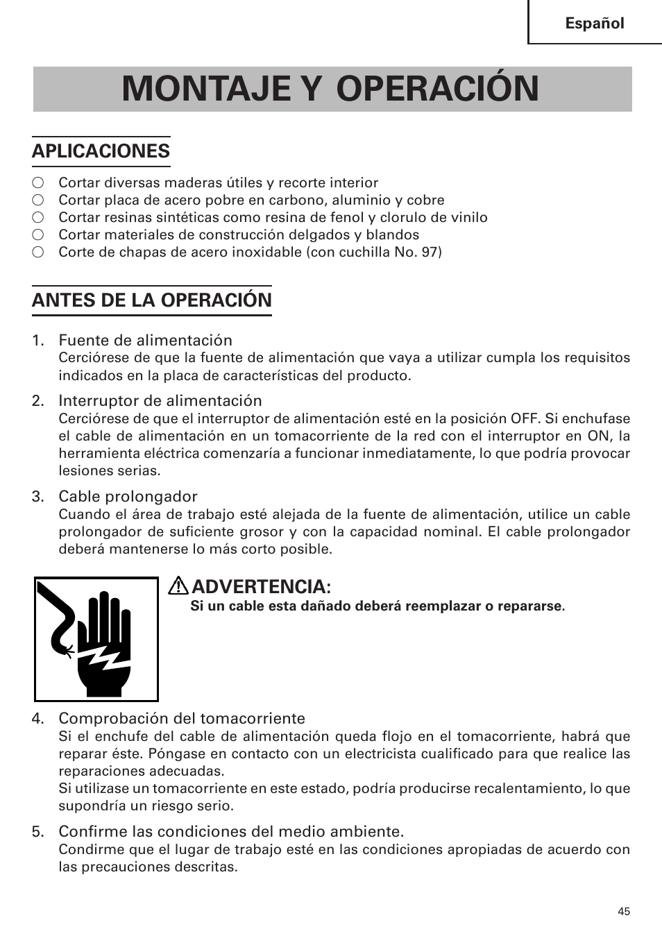 Montaje y operación, Aplicaciones, Antes de la operación | Advertencia | Hitachi CJ120VA User Manual | Page 45 / 60