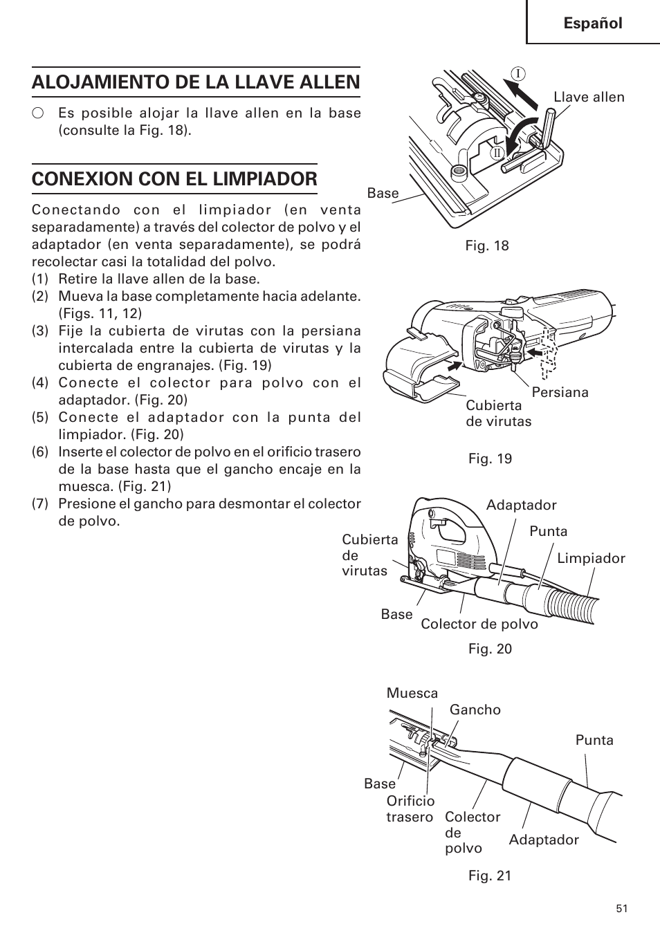 Alojamiento de la llave allen, Conexion con el limpiador | Hitachi CJ120VA User Manual | Page 51 / 60