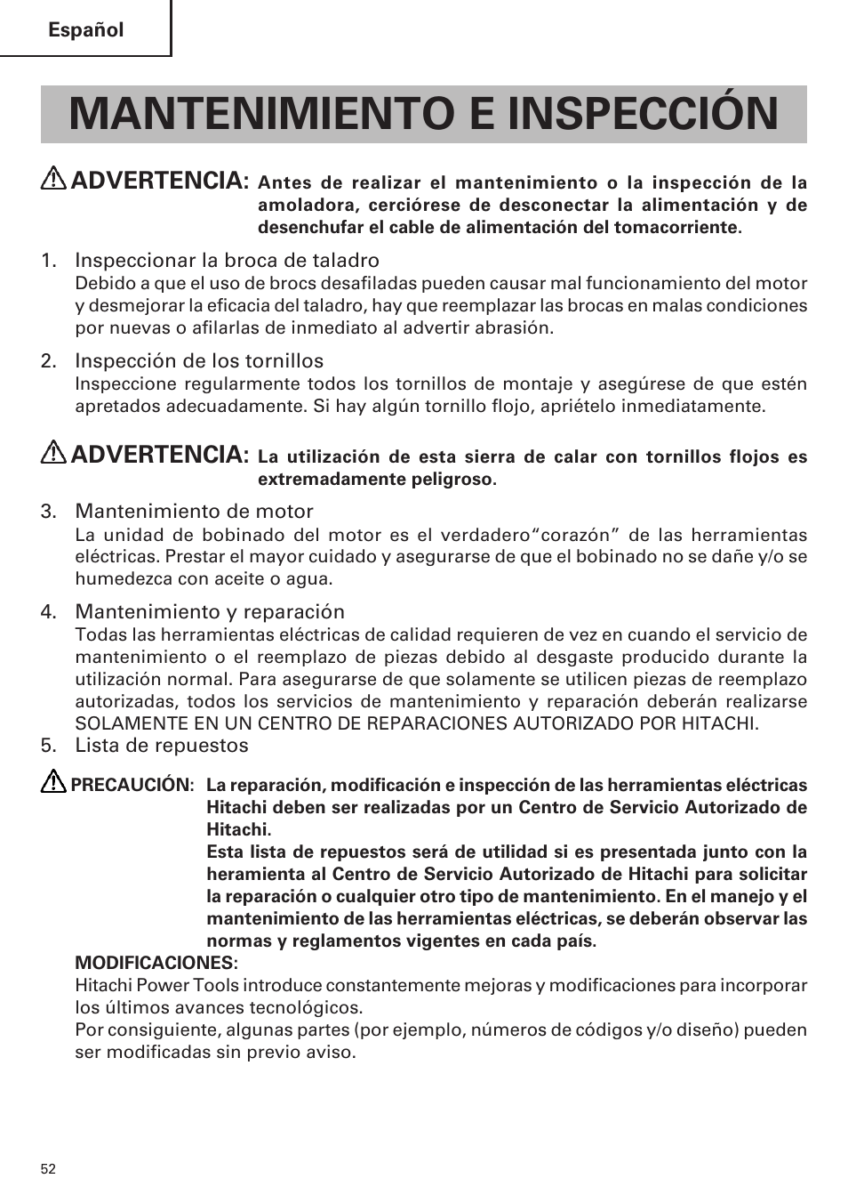 Mantenimiento e inspección, Advertencia | Hitachi CJ120VA User Manual | Page 52 / 60