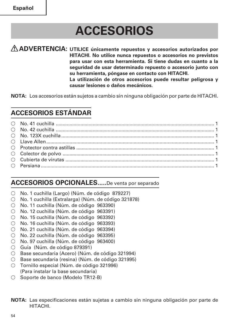 Accesorios, Advertencia, Accesorios estándar | Accesorios opcionales | Hitachi CJ120VA User Manual | Page 54 / 60