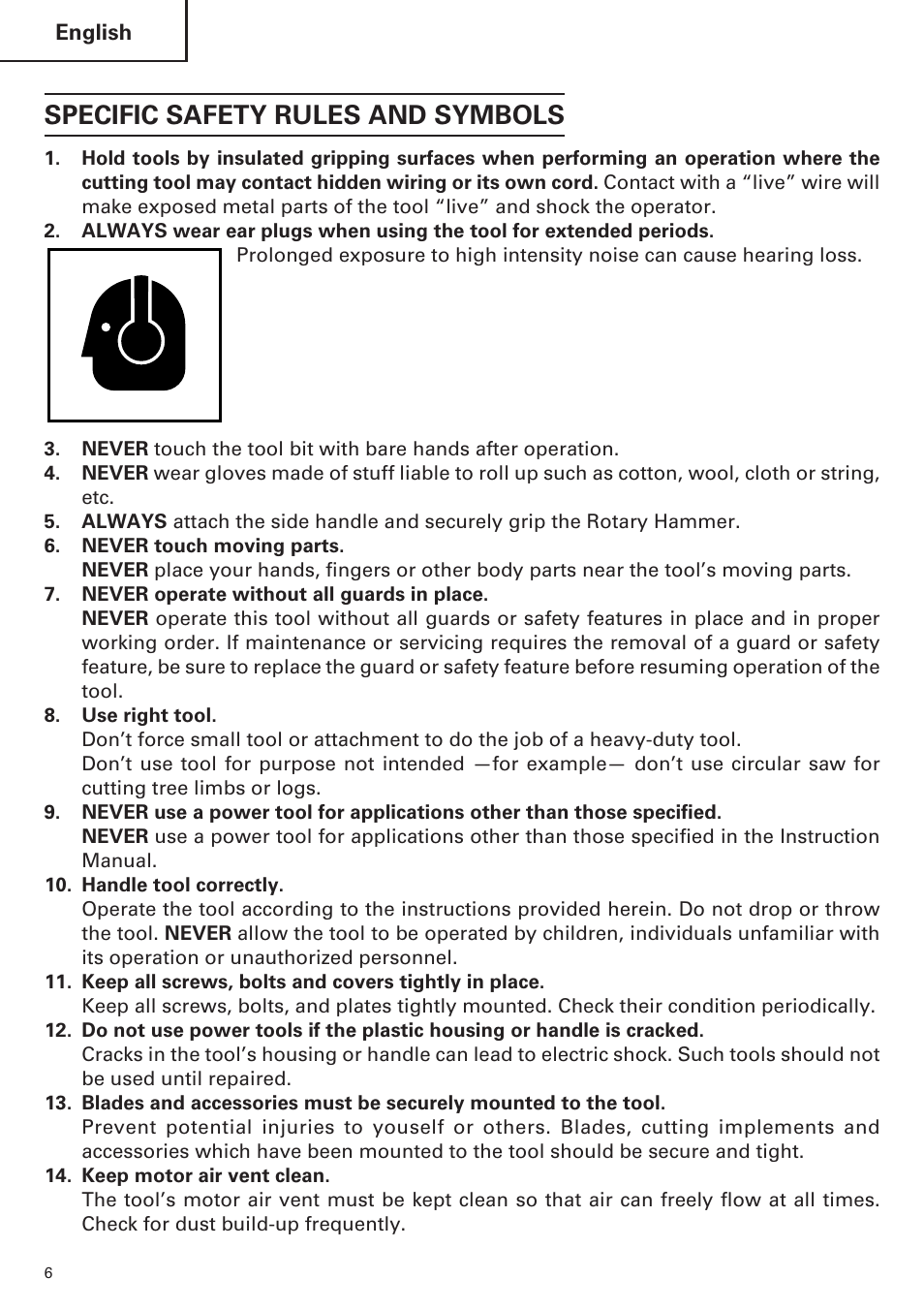 Specific safety rules and symbols | Hitachi CJ120VA User Manual | Page 6 / 60