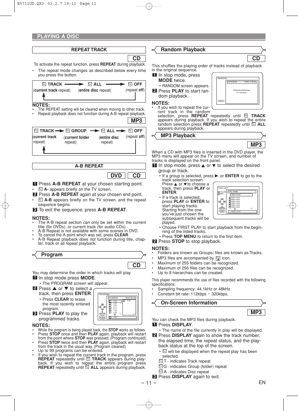 Cd dvd, On-screen information, Mp3 playback | Program – 11, Playing a disc, Random playback | Hitachi DV-P533U User Manual | Page 11 / 18