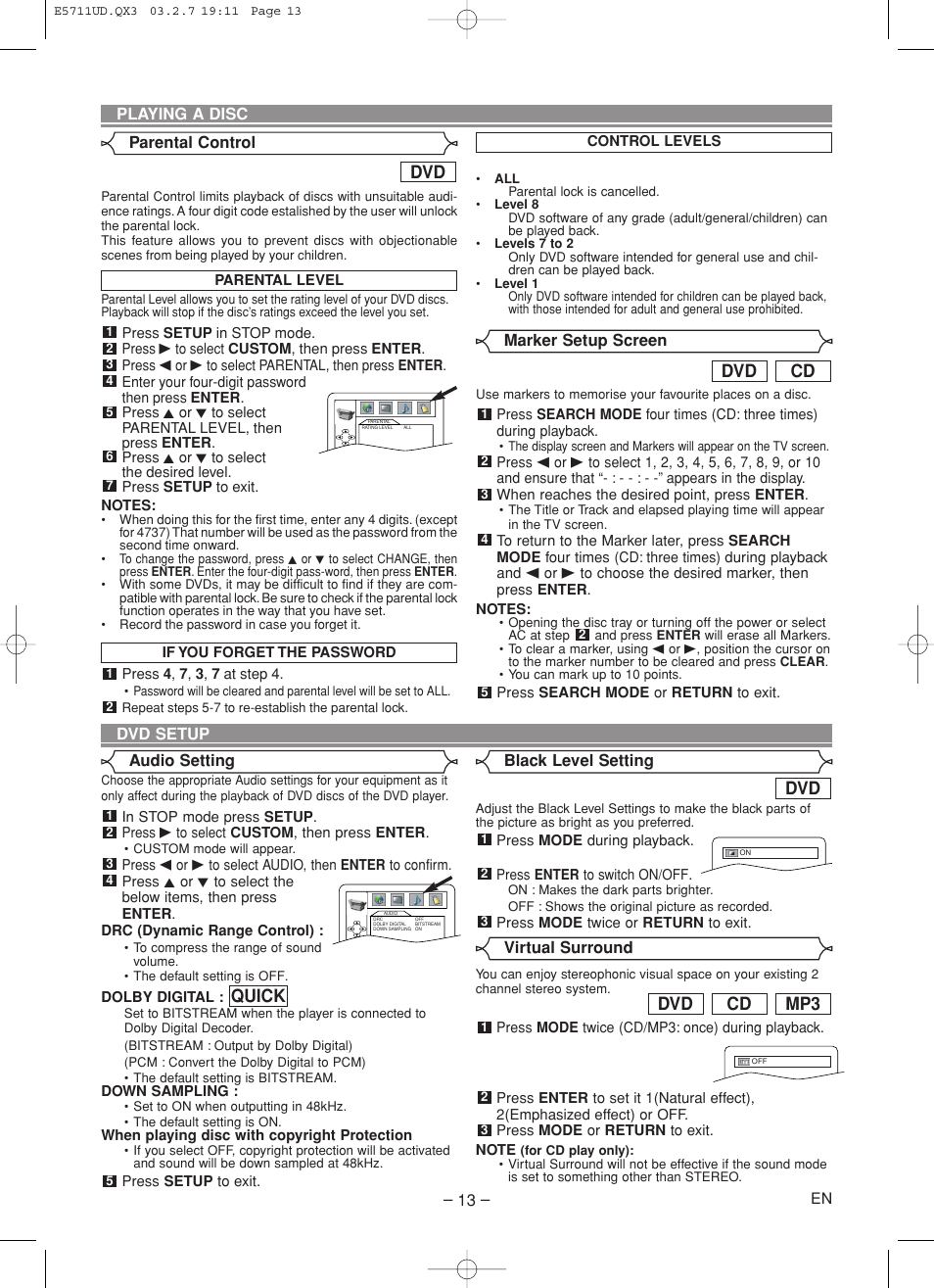 Mp3 cd dvd, Cd dvd, Quick | Hitachi DV-P533U User Manual | Page 13 / 18