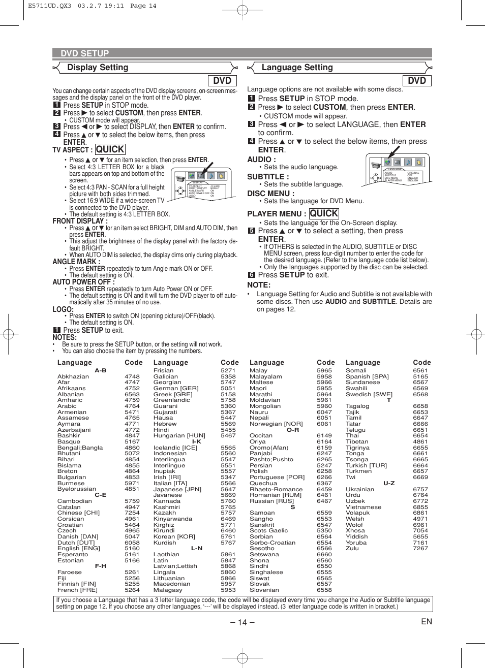 Quick, Display setting – 14, Dvd setup | Language setting, Kor l, Front display, Angle mark, Auto power off, Logo, Subtitle | Hitachi DV-P533U User Manual | Page 14 / 18