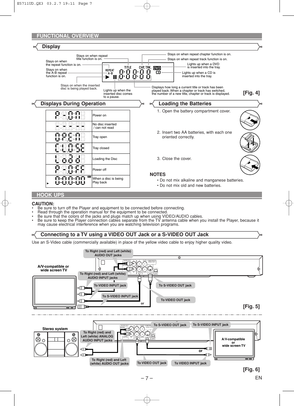 Hook ups, Fig. 5, Fig. 6 | Fig. 4, Caution, A/v-compatible or wide screen tv, Stereo system or | Hitachi DV-P533U User Manual | Page 7 / 18