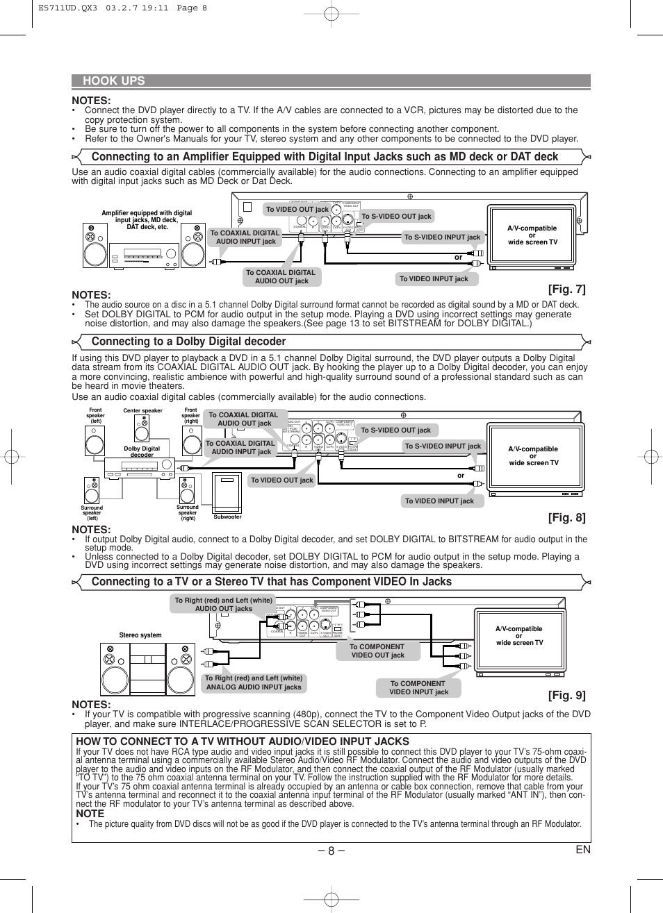 Hook ups, Fig. 7, Fig. 9 | Connecting to a dolby digital decoder, Fig. 8 | Hitachi DV-P533U User Manual | Page 8 / 18