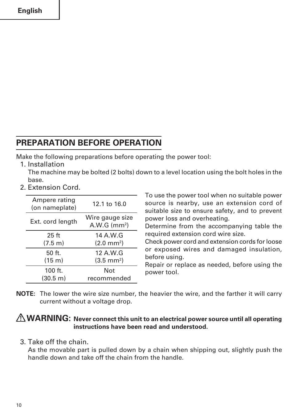 Preparation before operation, Warning | Hitachi CC14SE OM User Manual | Page 10 / 52