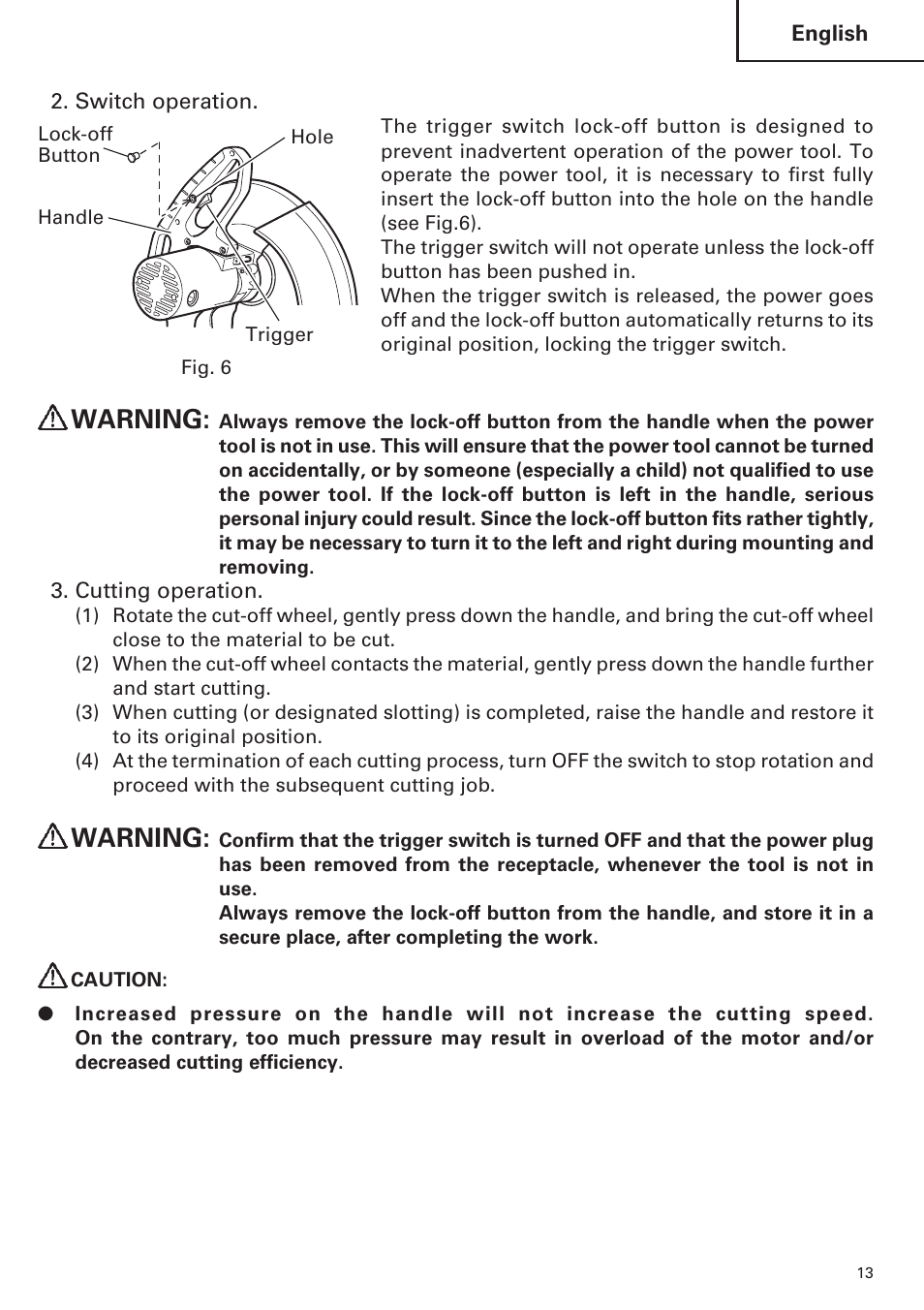 Warning | Hitachi CC14SE OM User Manual | Page 13 / 52