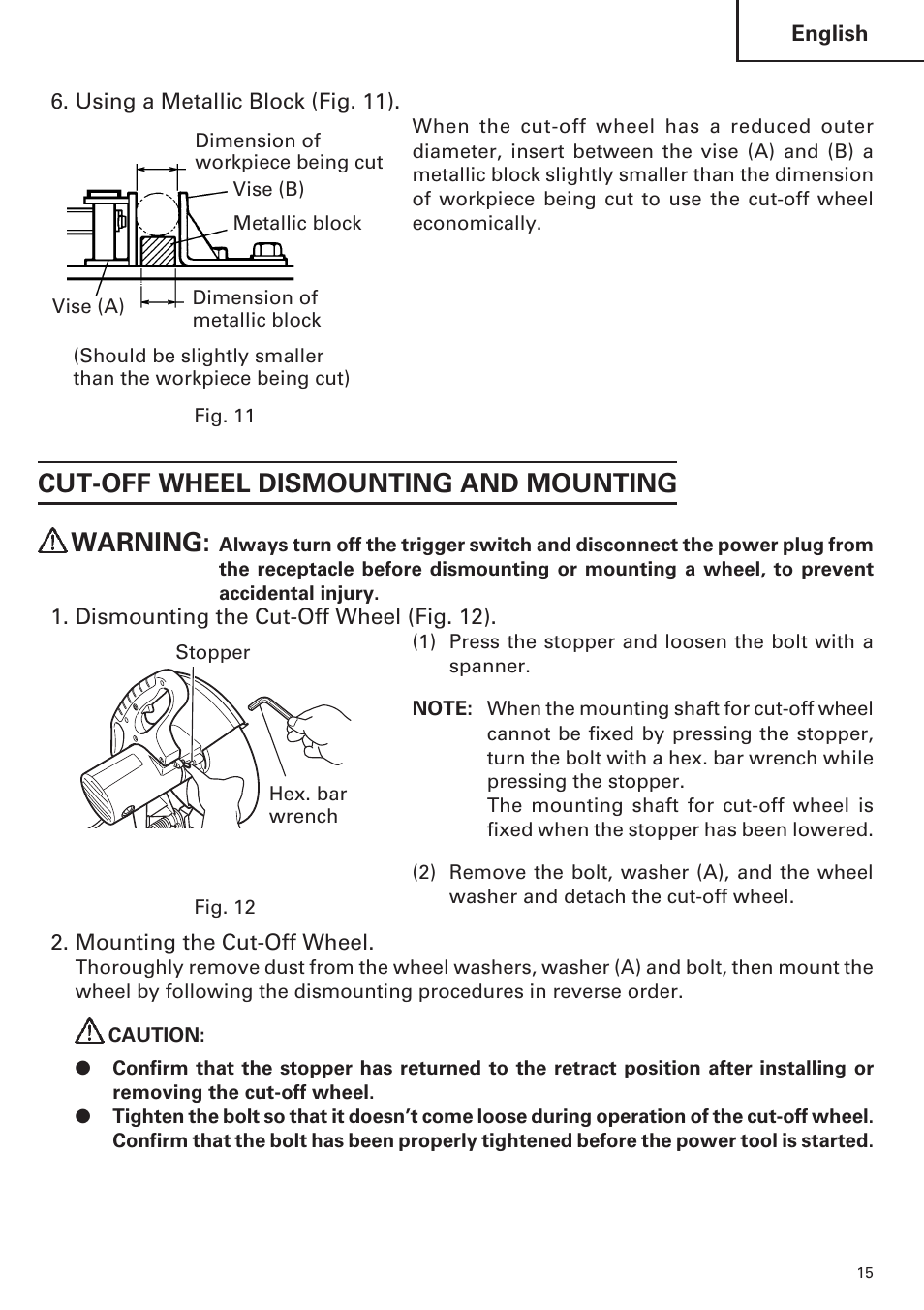 Cut-off wheel dismounting and mounting warning | Hitachi CC14SE OM User Manual | Page 15 / 52