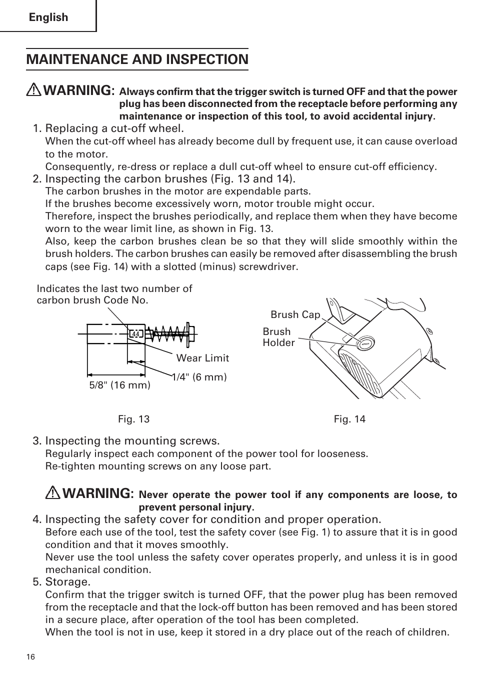 Maintenance and inspection warning, Warning | Hitachi CC14SE OM User Manual | Page 16 / 52