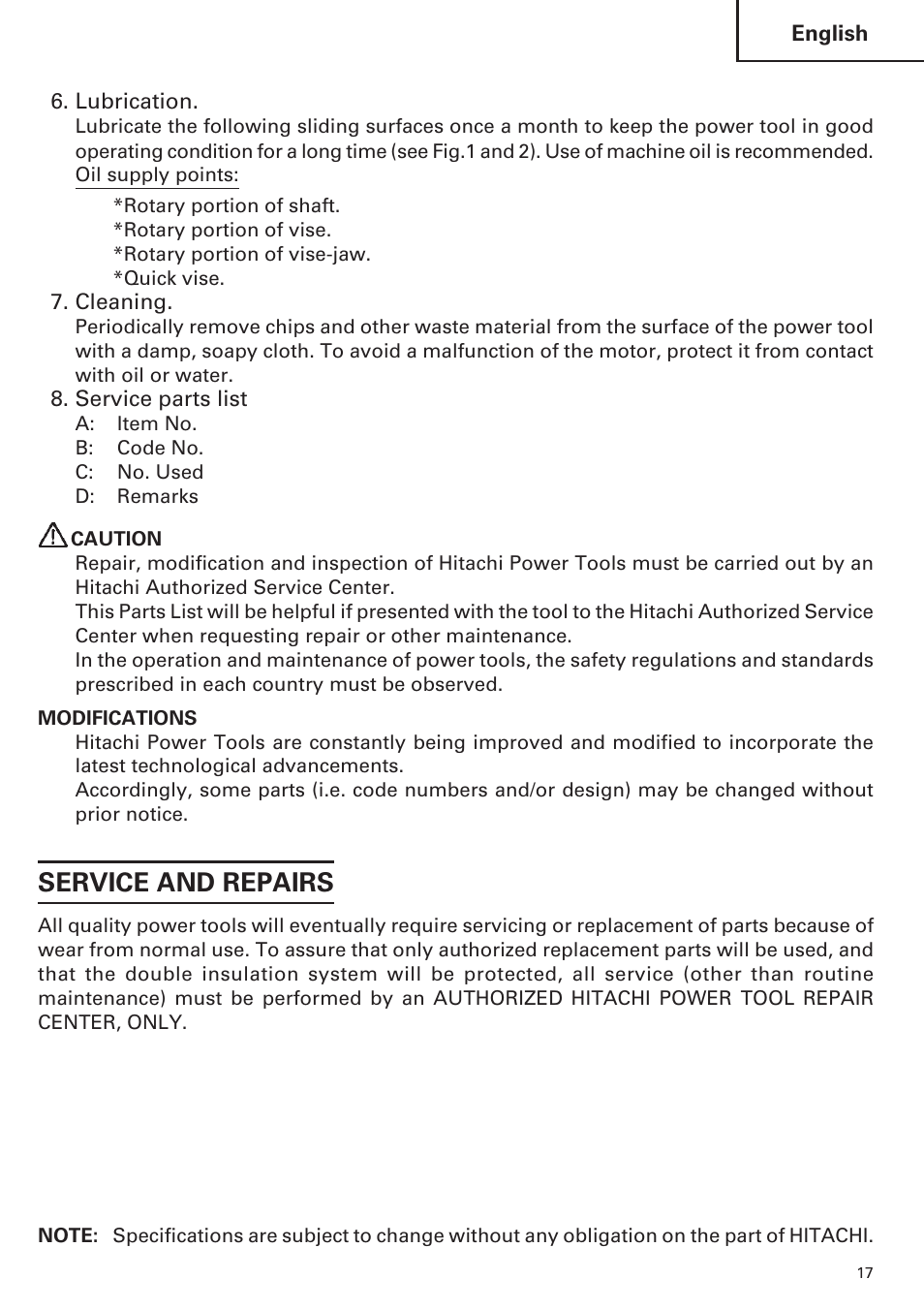 Service and repairs | Hitachi CC14SE OM User Manual | Page 17 / 52