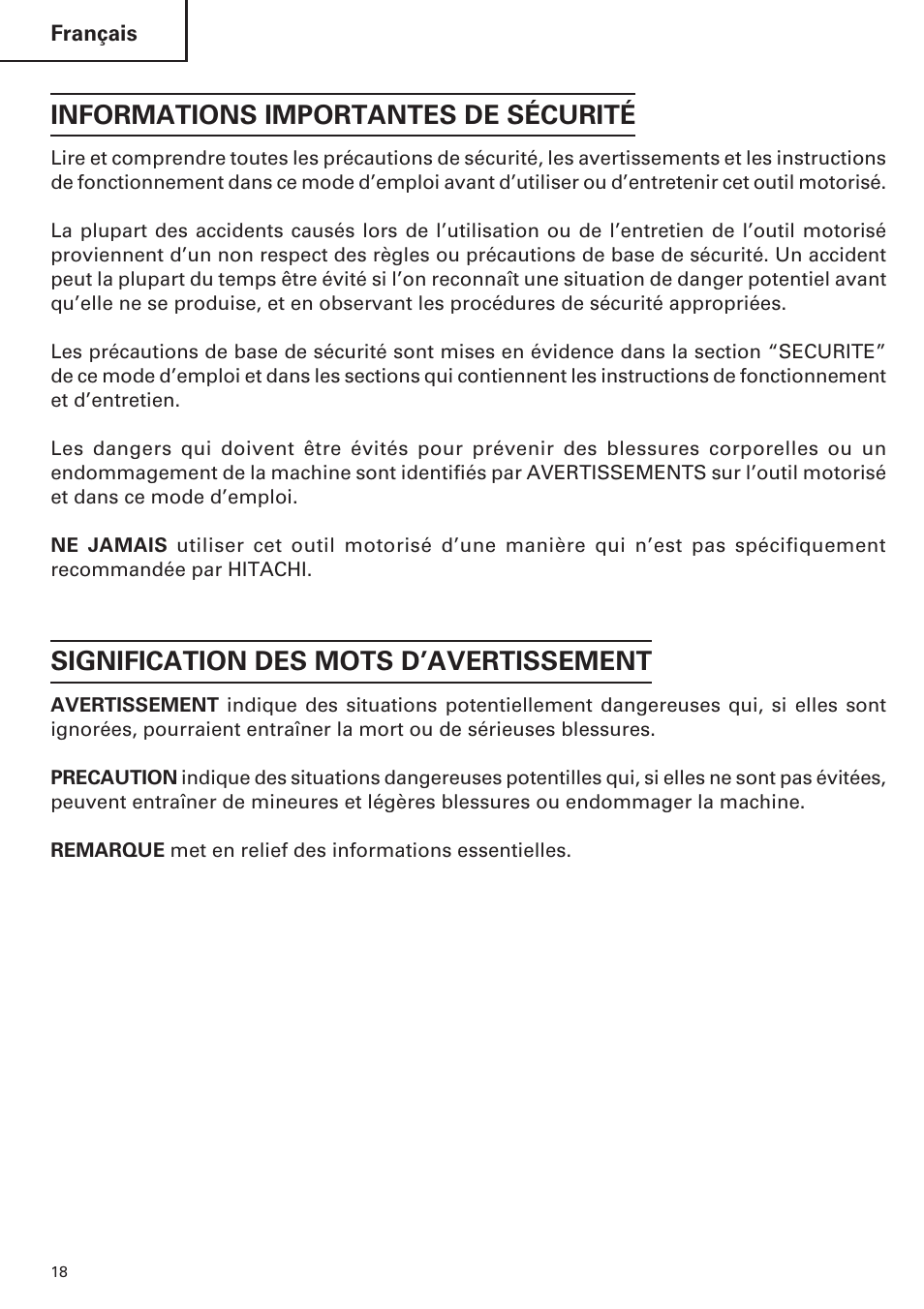 Informations importantes de sécurité, Signification des mots d’avertissement | Hitachi CC14SE OM User Manual | Page 18 / 52