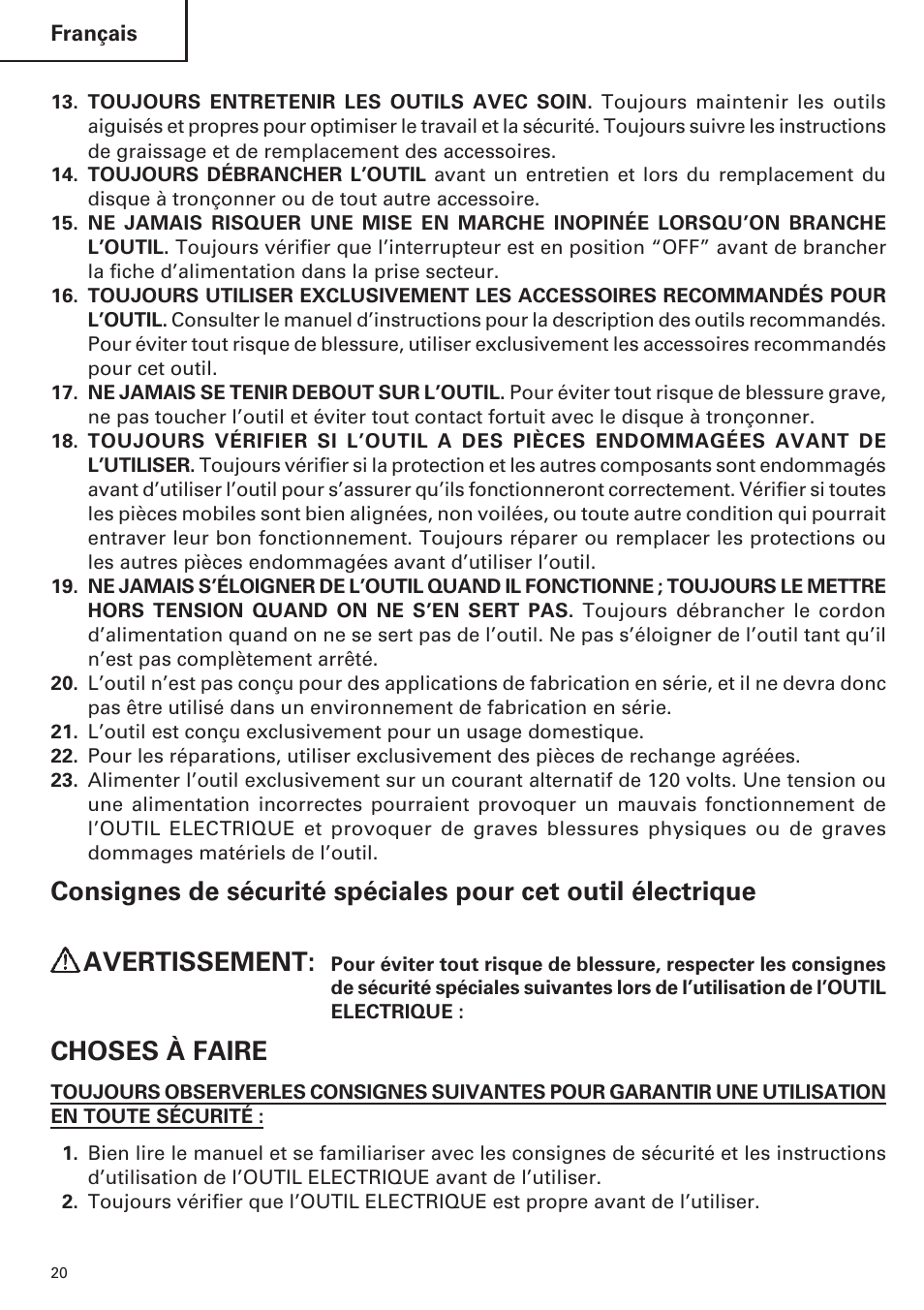 Choses à faire | Hitachi CC14SE OM User Manual | Page 20 / 52