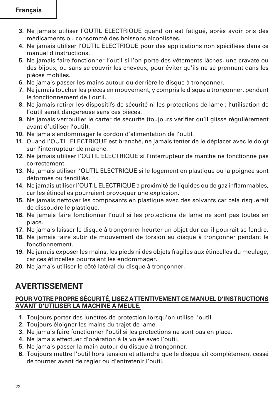 Avertissement | Hitachi CC14SE OM User Manual | Page 22 / 52