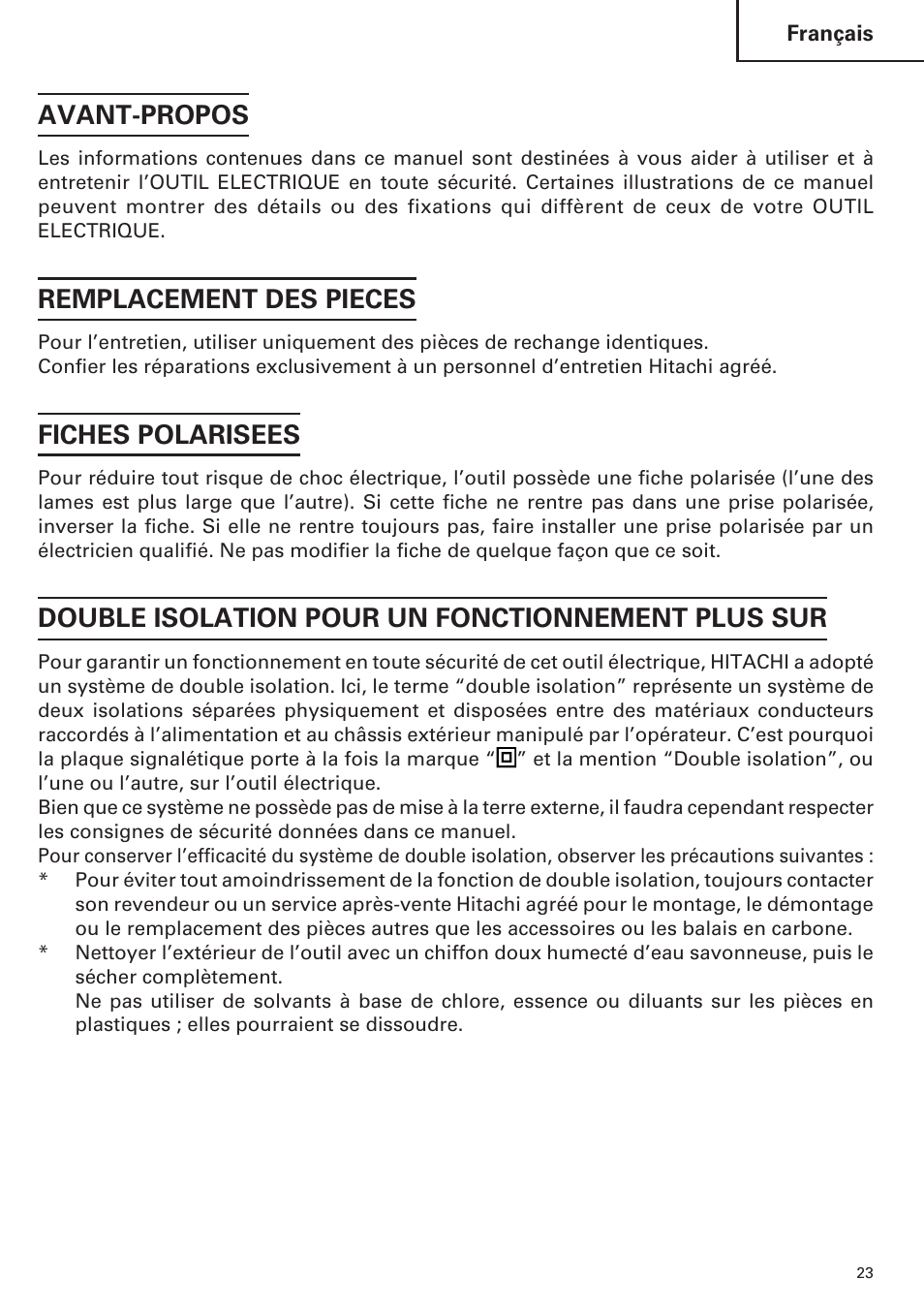 Avant-propos, Remplacement des pieces, Fiches polarisees | Double isolation pour un fonctionnement plus sur | Hitachi CC14SE OM User Manual | Page 23 / 52